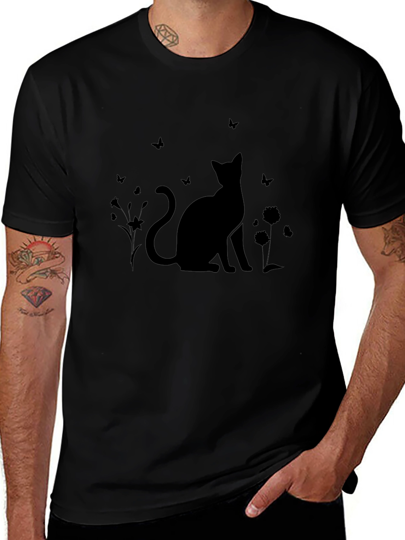 Silhouette Cat & Butterfly Black T-Shirt
