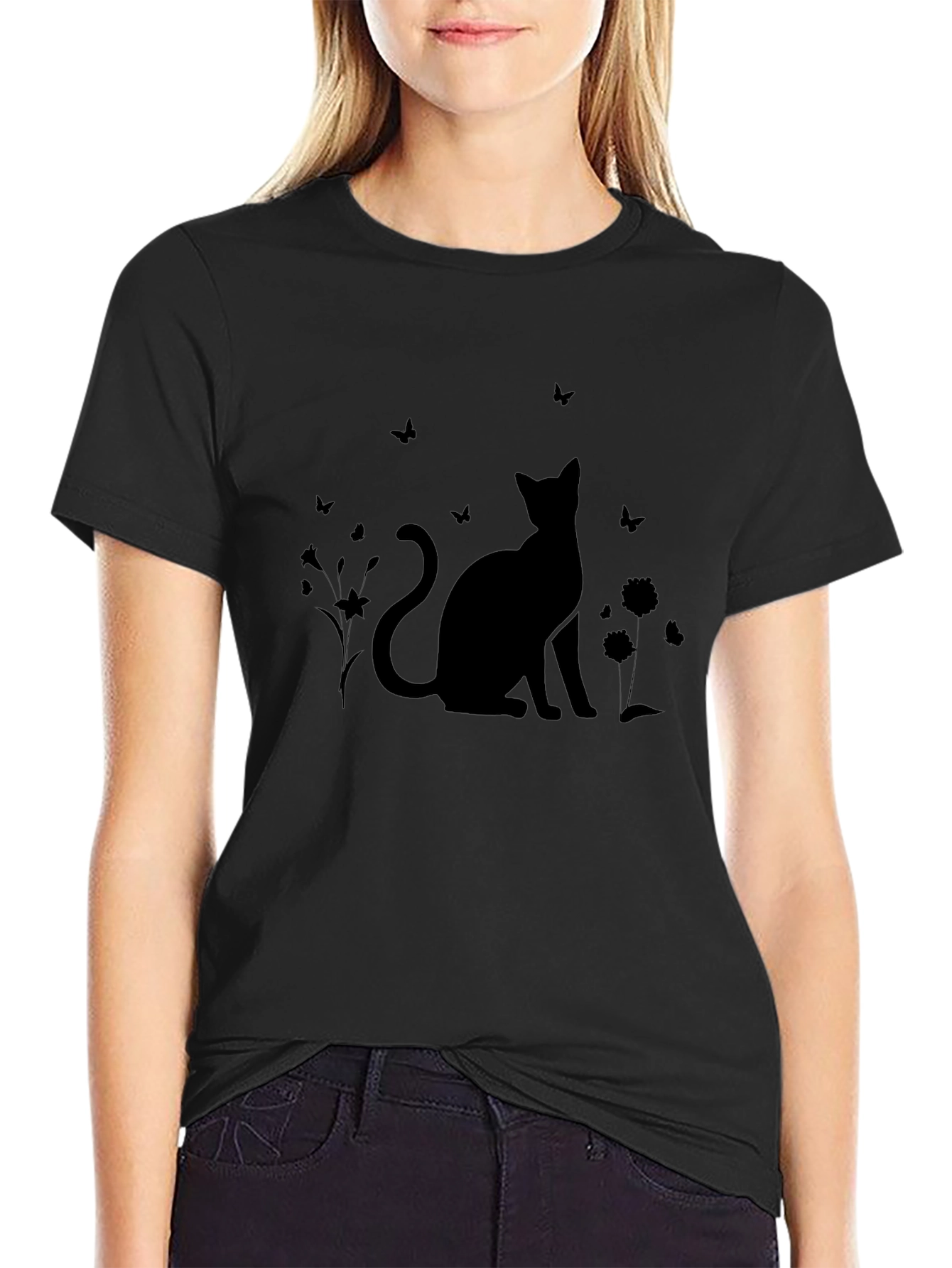 Silhouette Cat & Butterfly Black T-Shirt