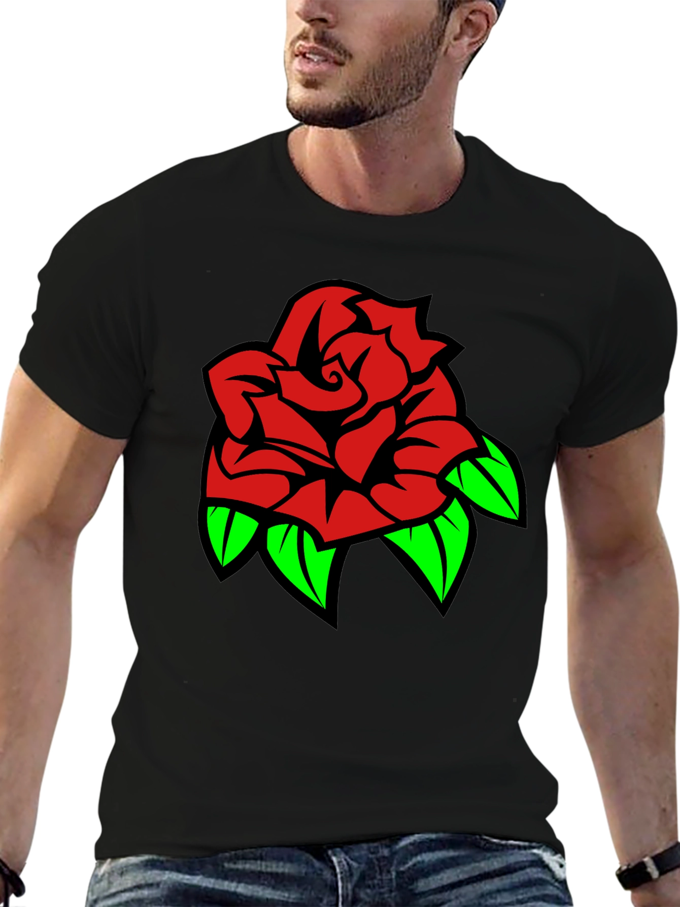 Rose Graphic Tee - Bold Red & Green Design