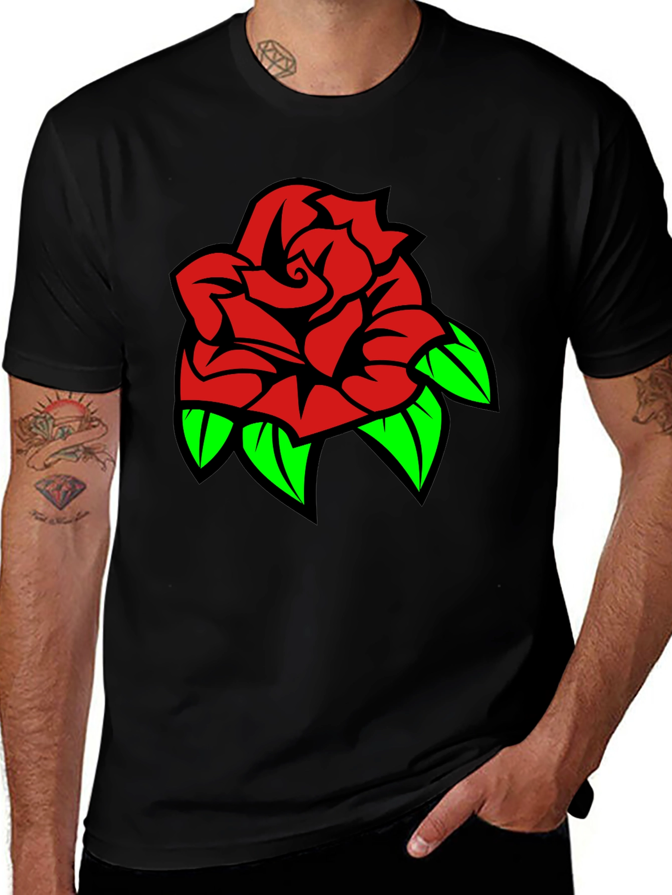 Rose Graphic Tee - Bold Red & Green Design