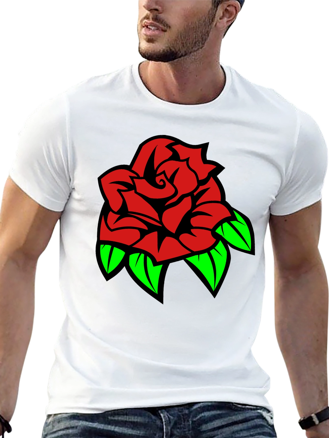 Rose Graphic Tee - Bold Red & Green Design