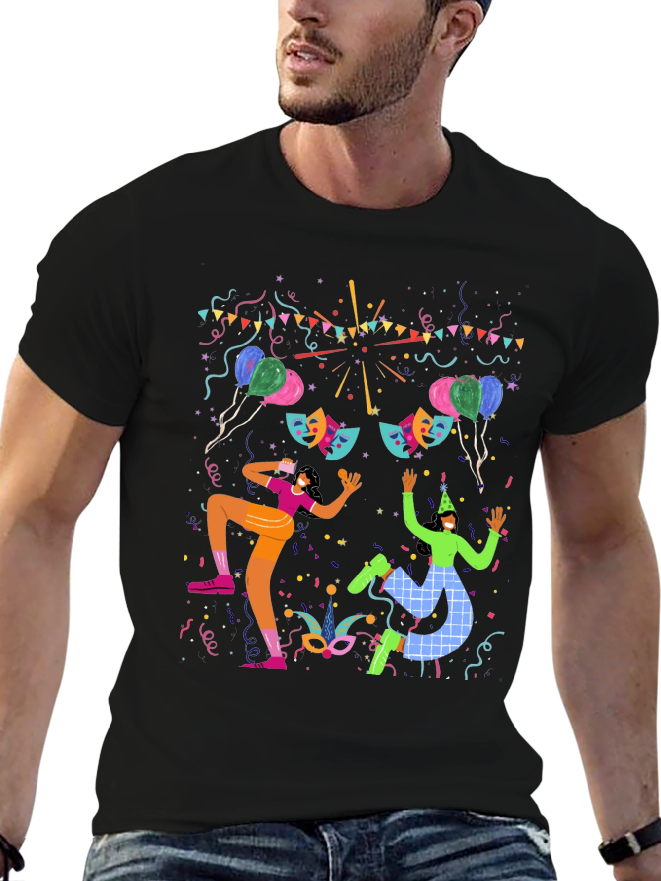 Festive Celebration Graphic Print Black T-Shirt
