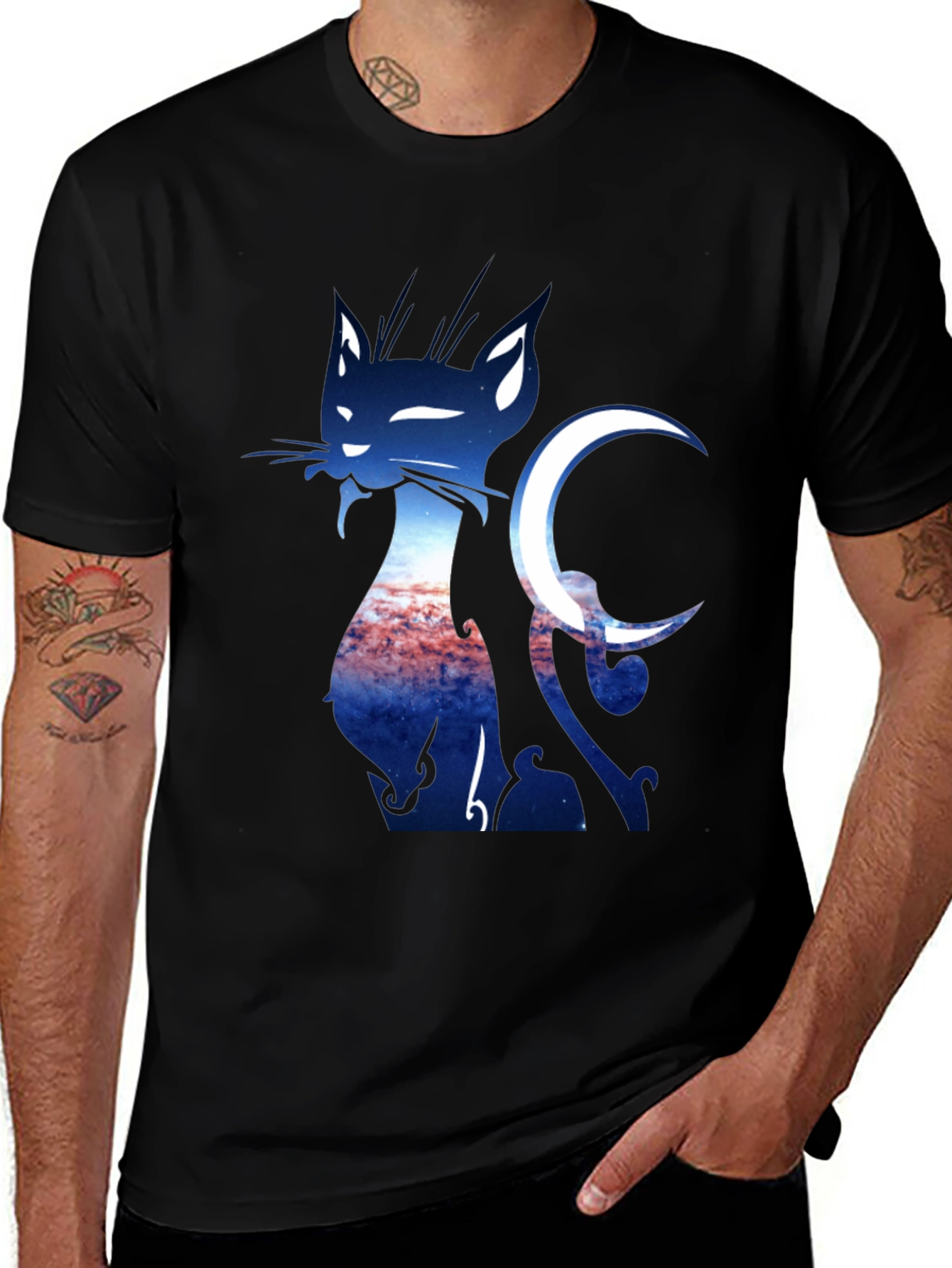 Cat & Crescent Moon Graphic T-Shirt
