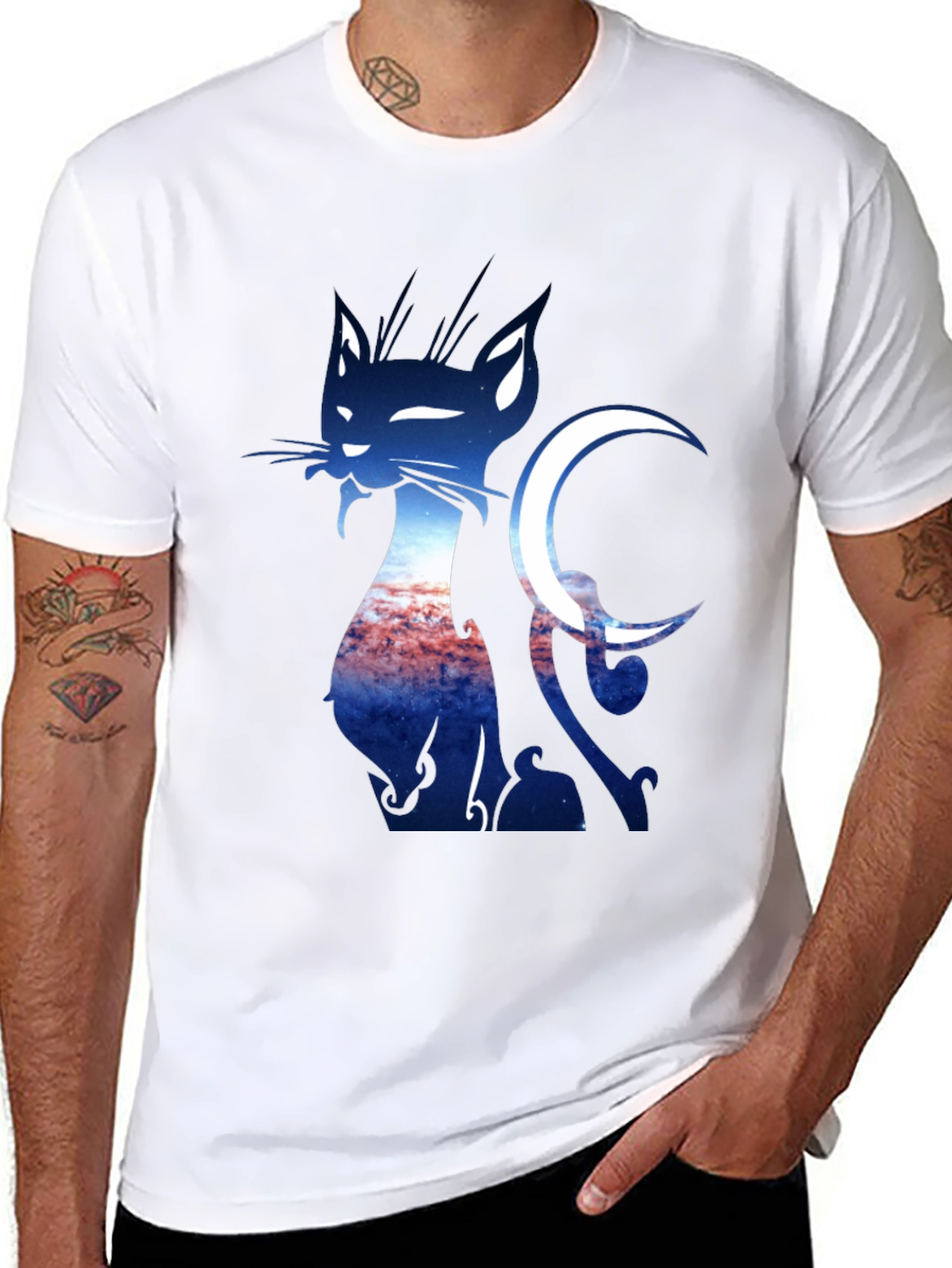 Cat & Crescent Moon Graphic T-Shirt