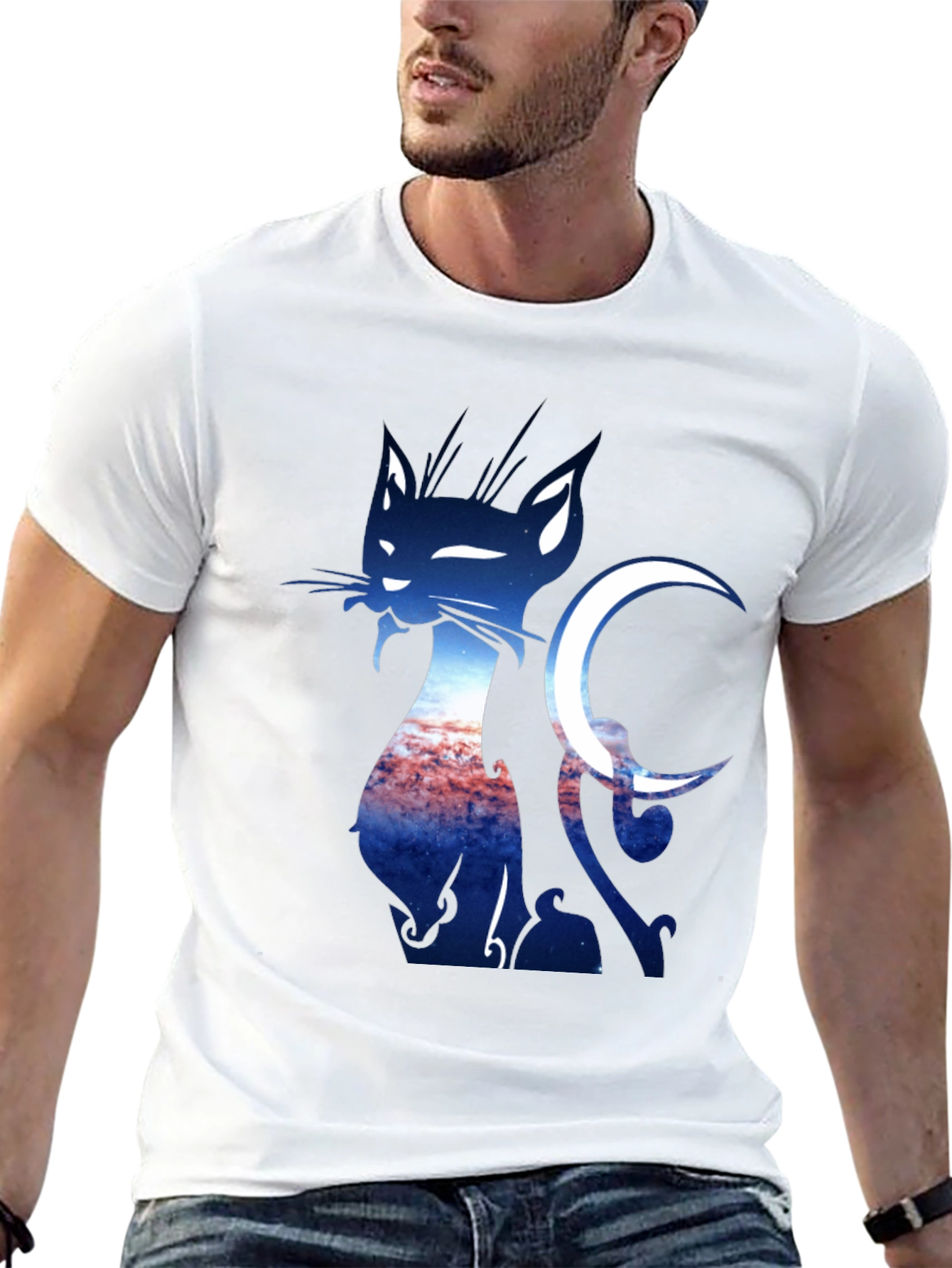 Cat & Crescent Moon Graphic T-Shirt