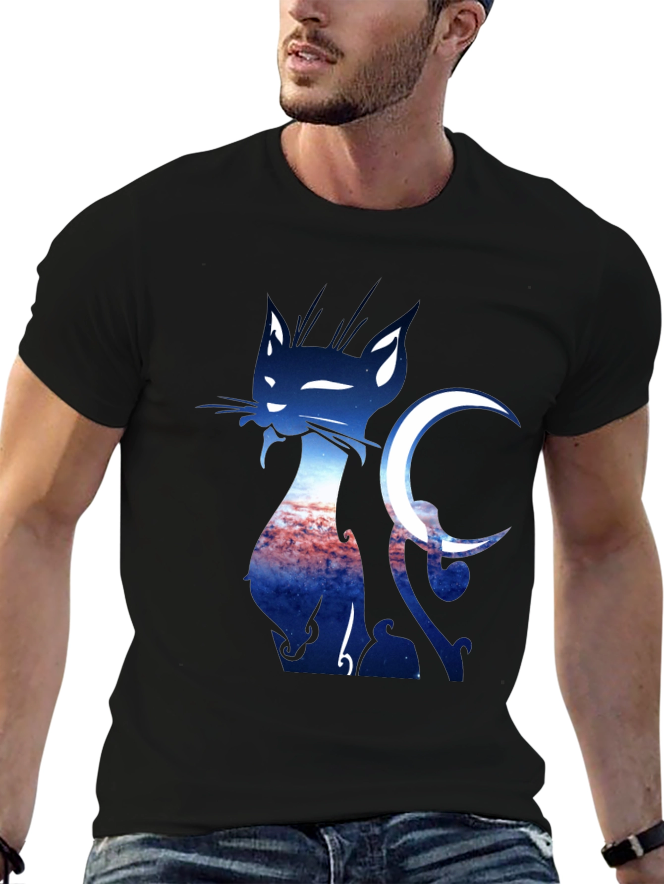 Cat & Crescent Moon Graphic T-Shirt