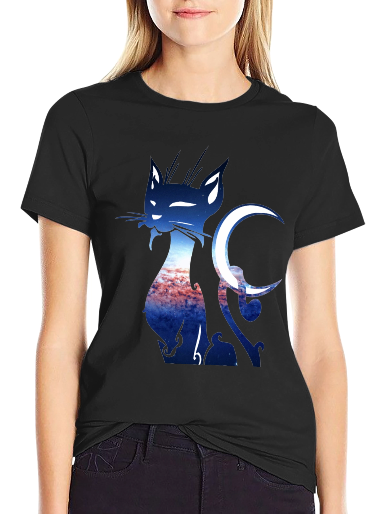 Cat & Crescent Moon Graphic T-Shirt
