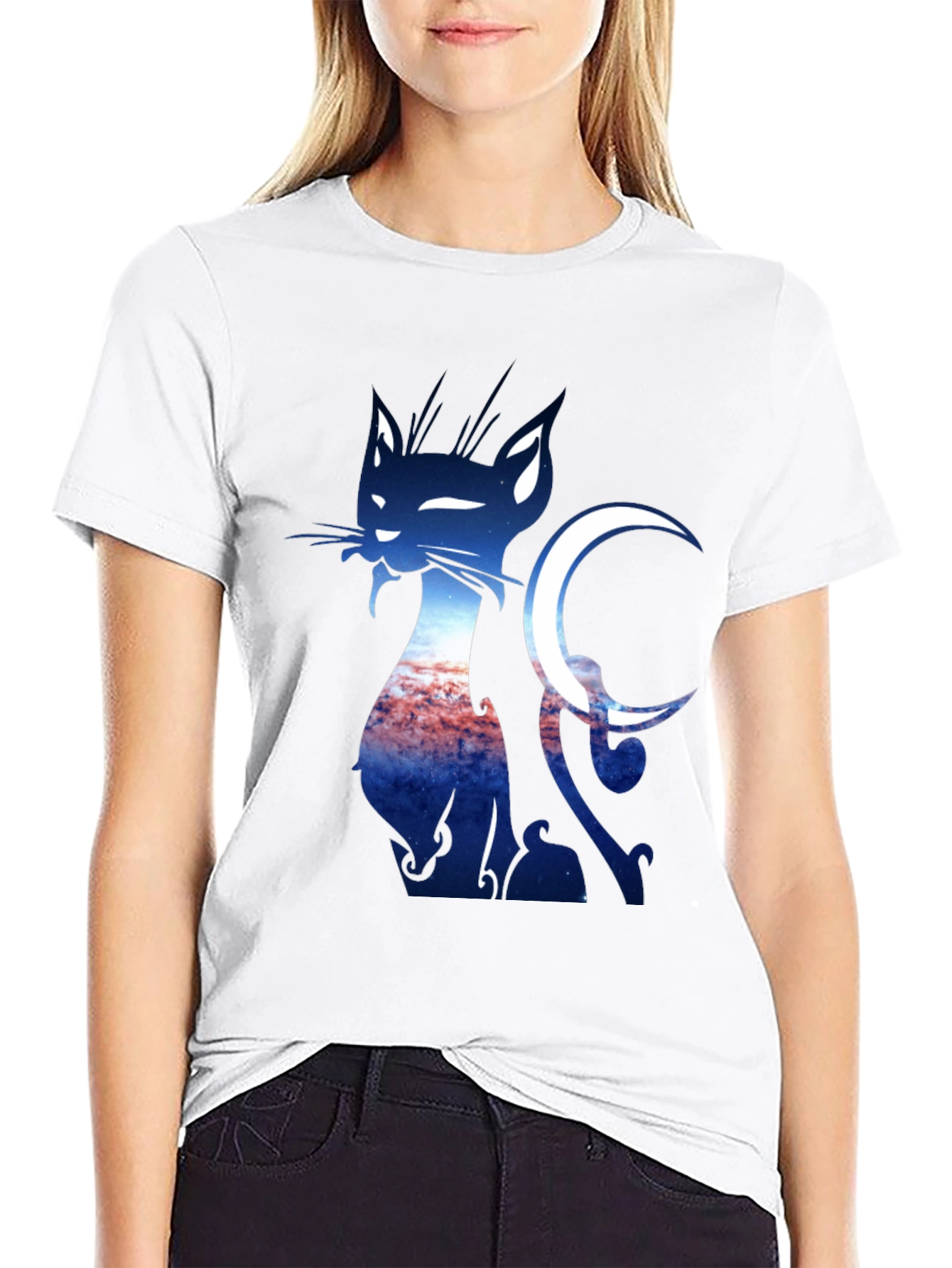 Cat & Crescent Moon Graphic T-Shirt