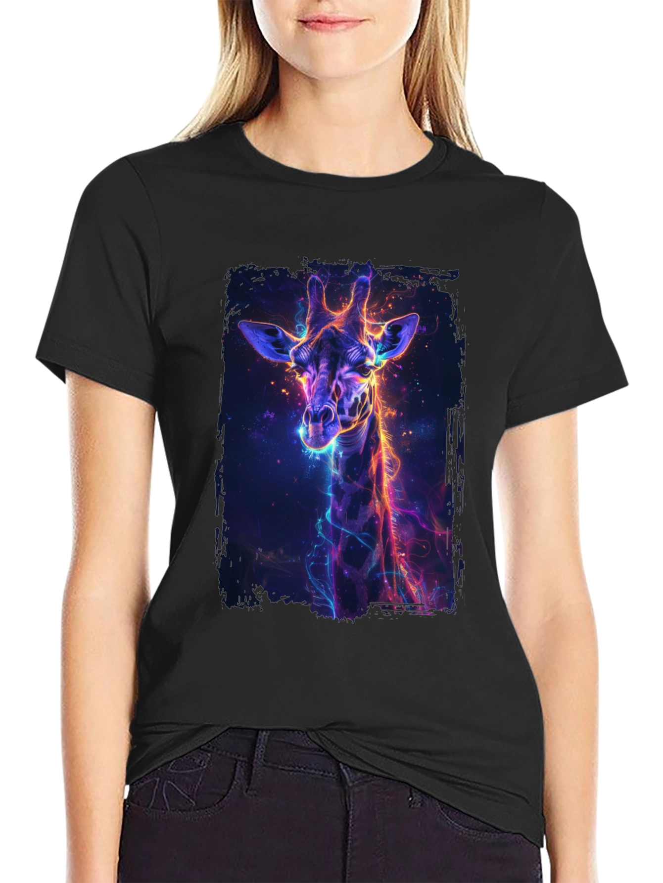 Neon Giraffe Graphic Black T-Shirt
