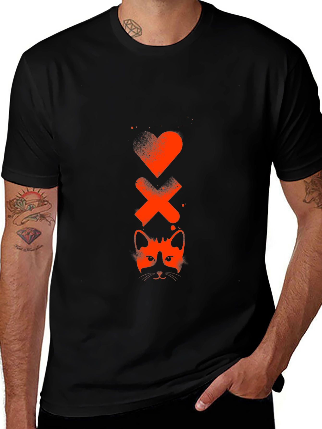 Heart Xs & Cat Face Graphic Tee - Black