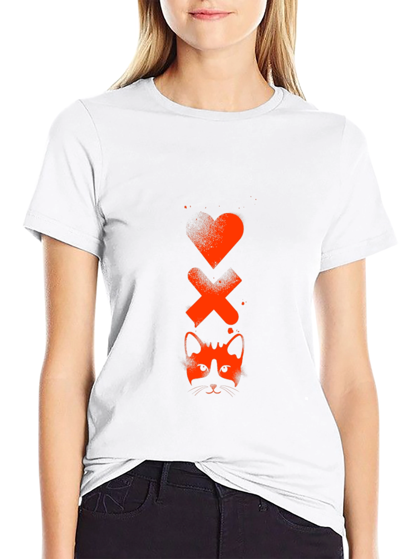 Heart Xs & Cat Face Graphic Tee - Black