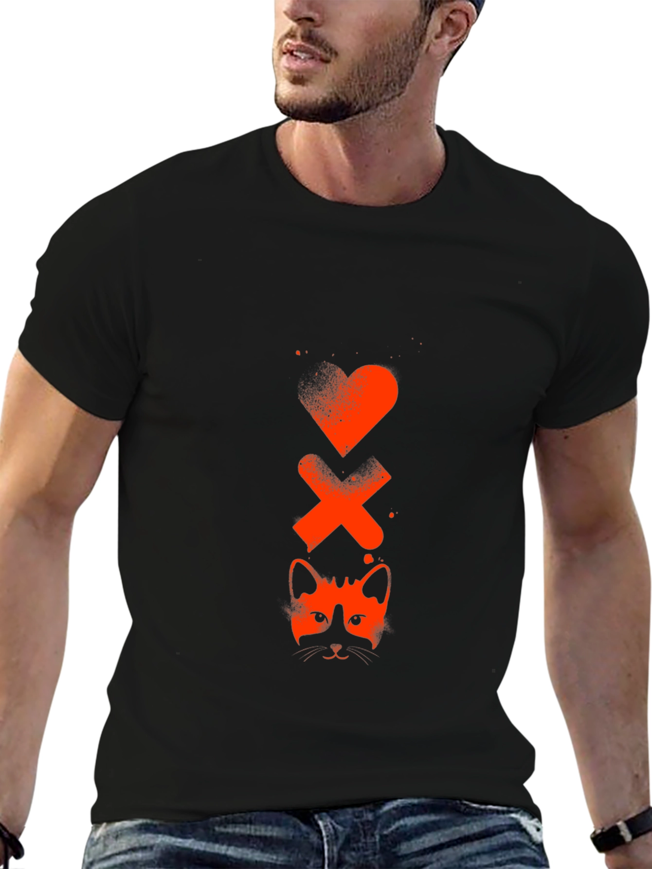 Heart Xs & Cat Face Graphic Tee - Black