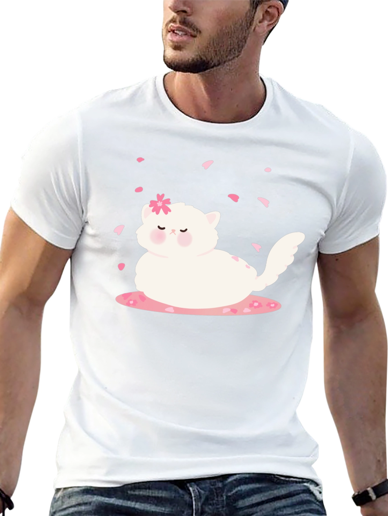Cute Cat & Cherry Blossom Black T-Shirt