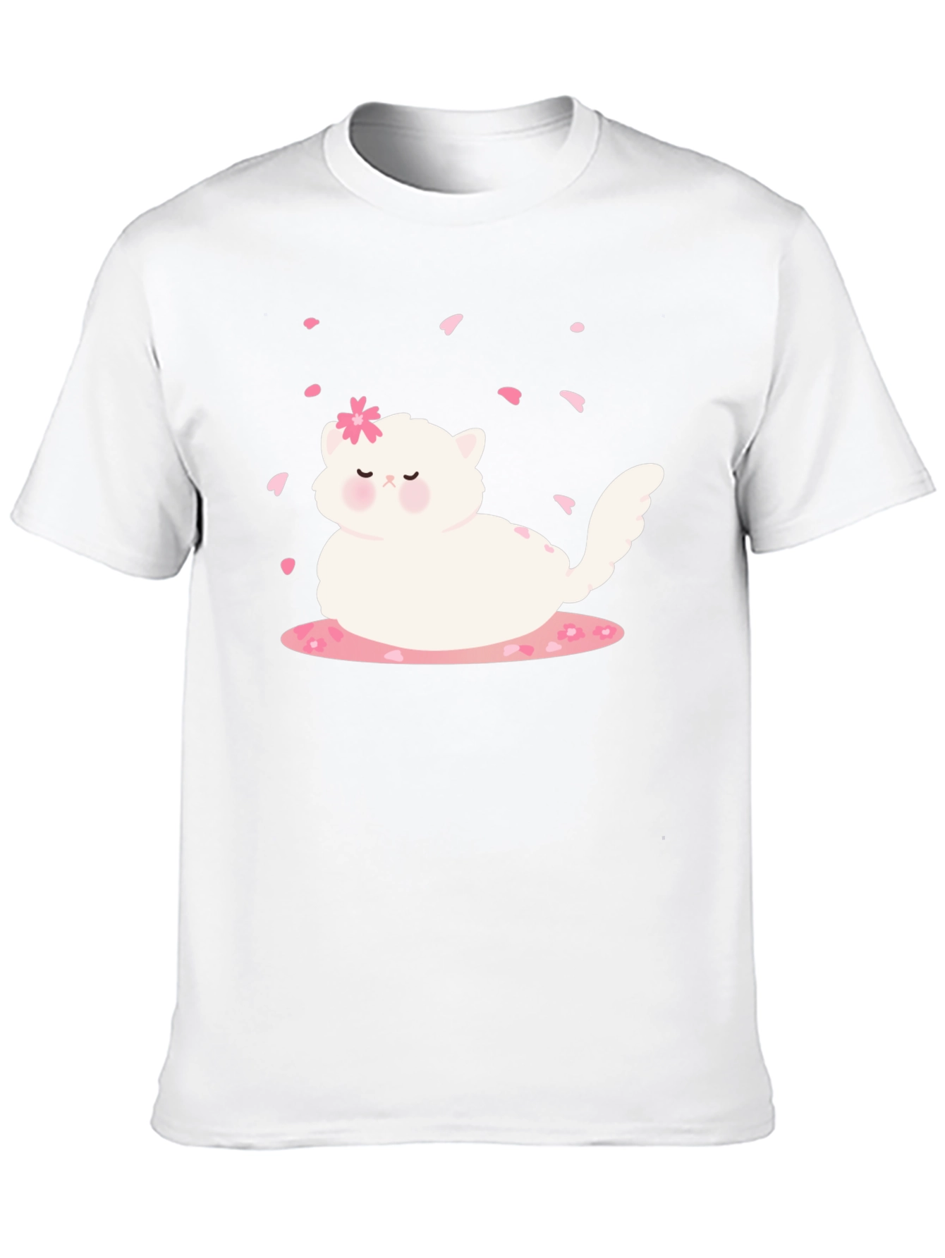 Cute Cat & Cherry Blossom Black T-Shirt