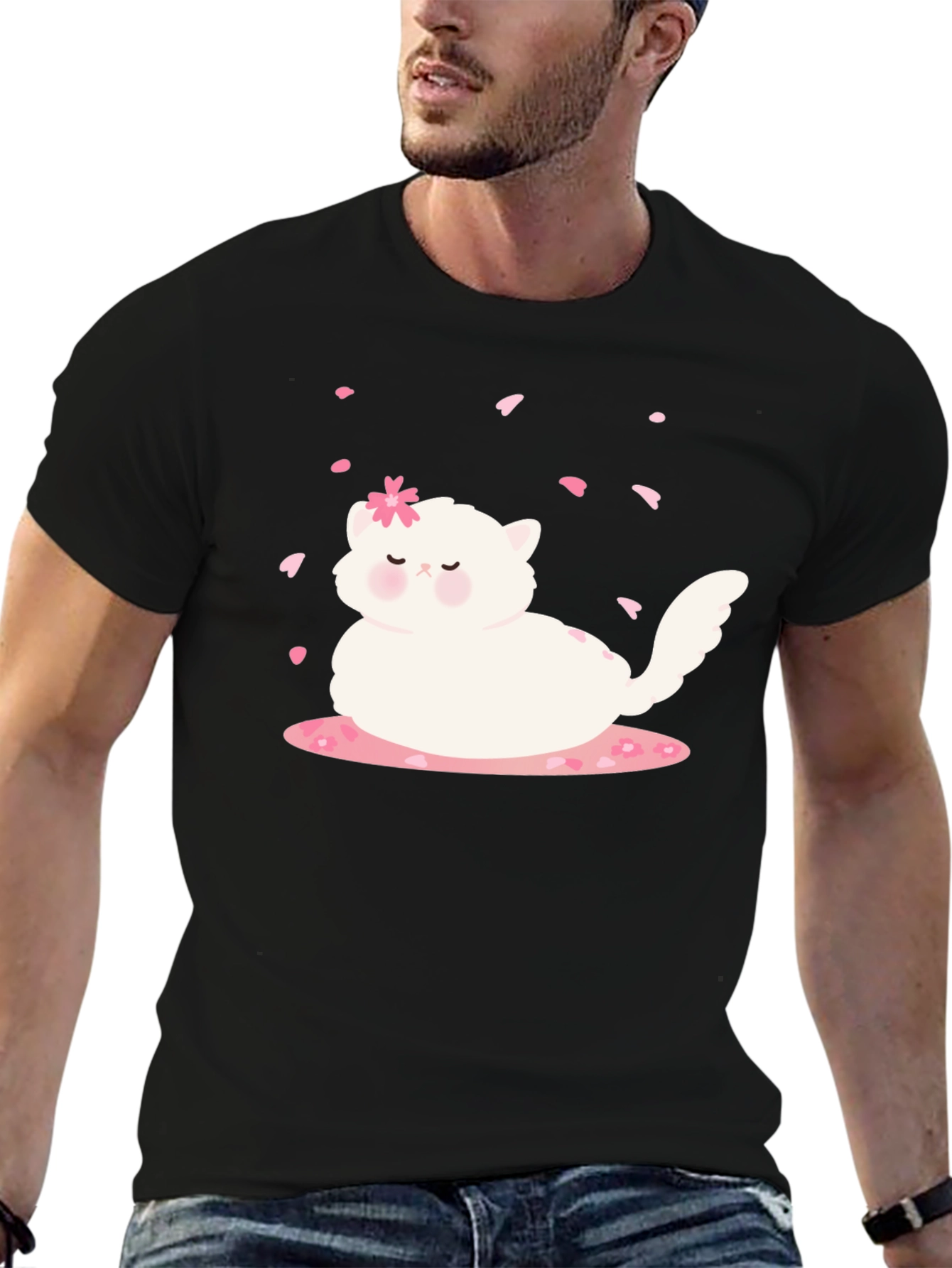 Cute Cat & Cherry Blossom Black T-Shirt