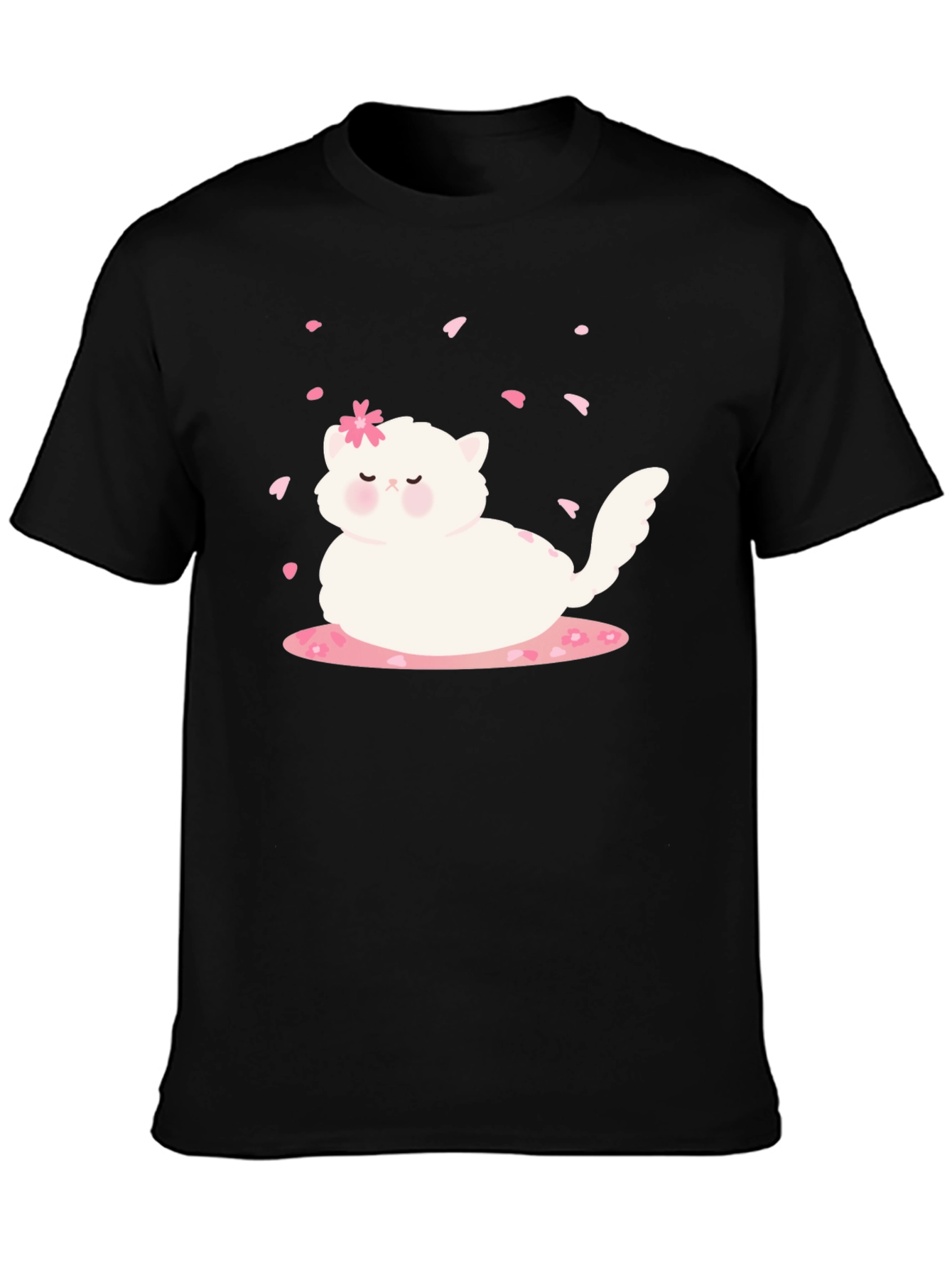 Cute Cat & Cherry Blossom Black T-Shirt
