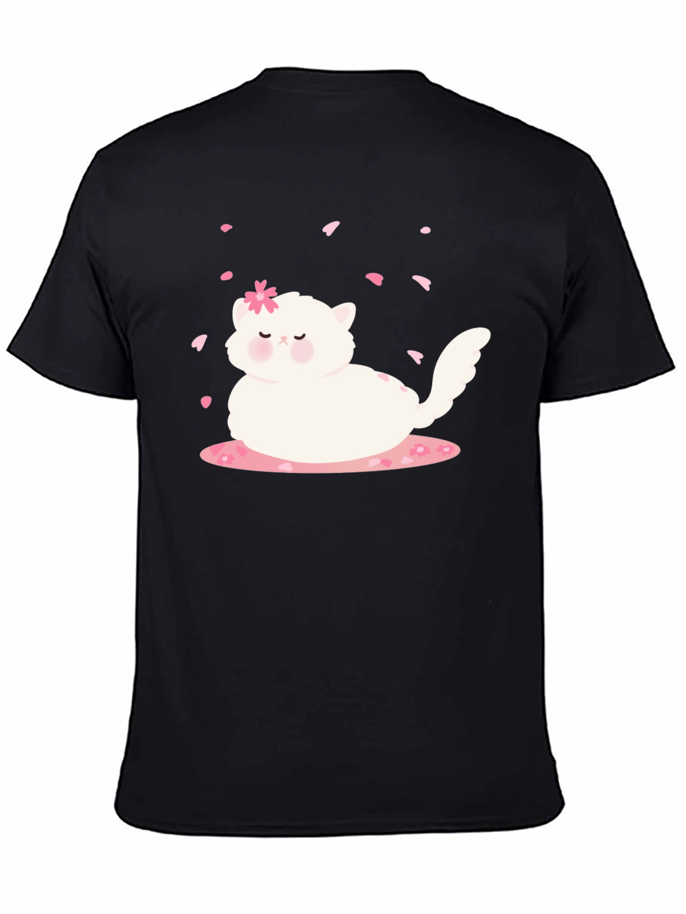 Cute Cat & Cherry Blossom Black T-Shirt