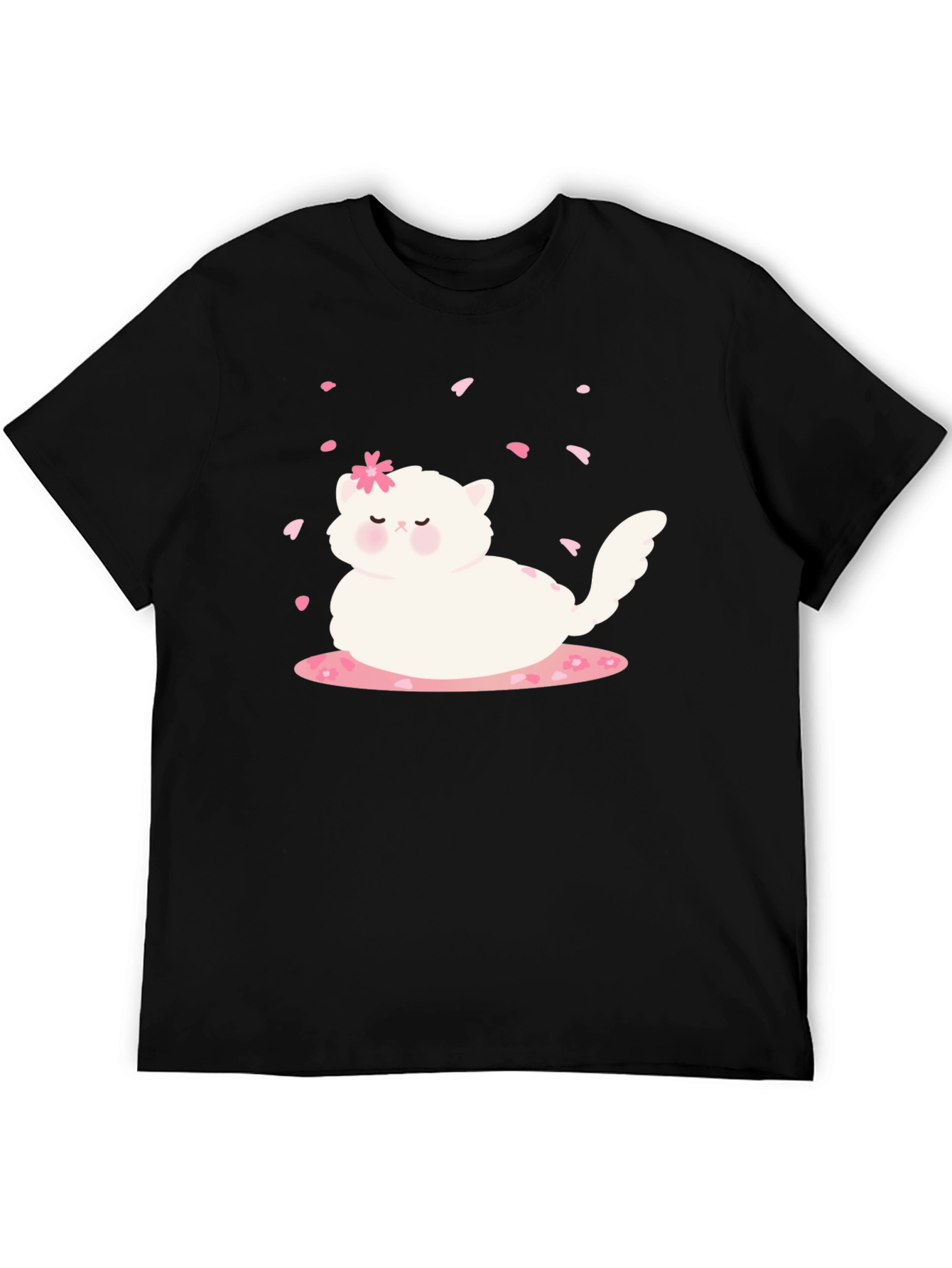 Cute Cat & Cherry Blossom Black T-Shirt