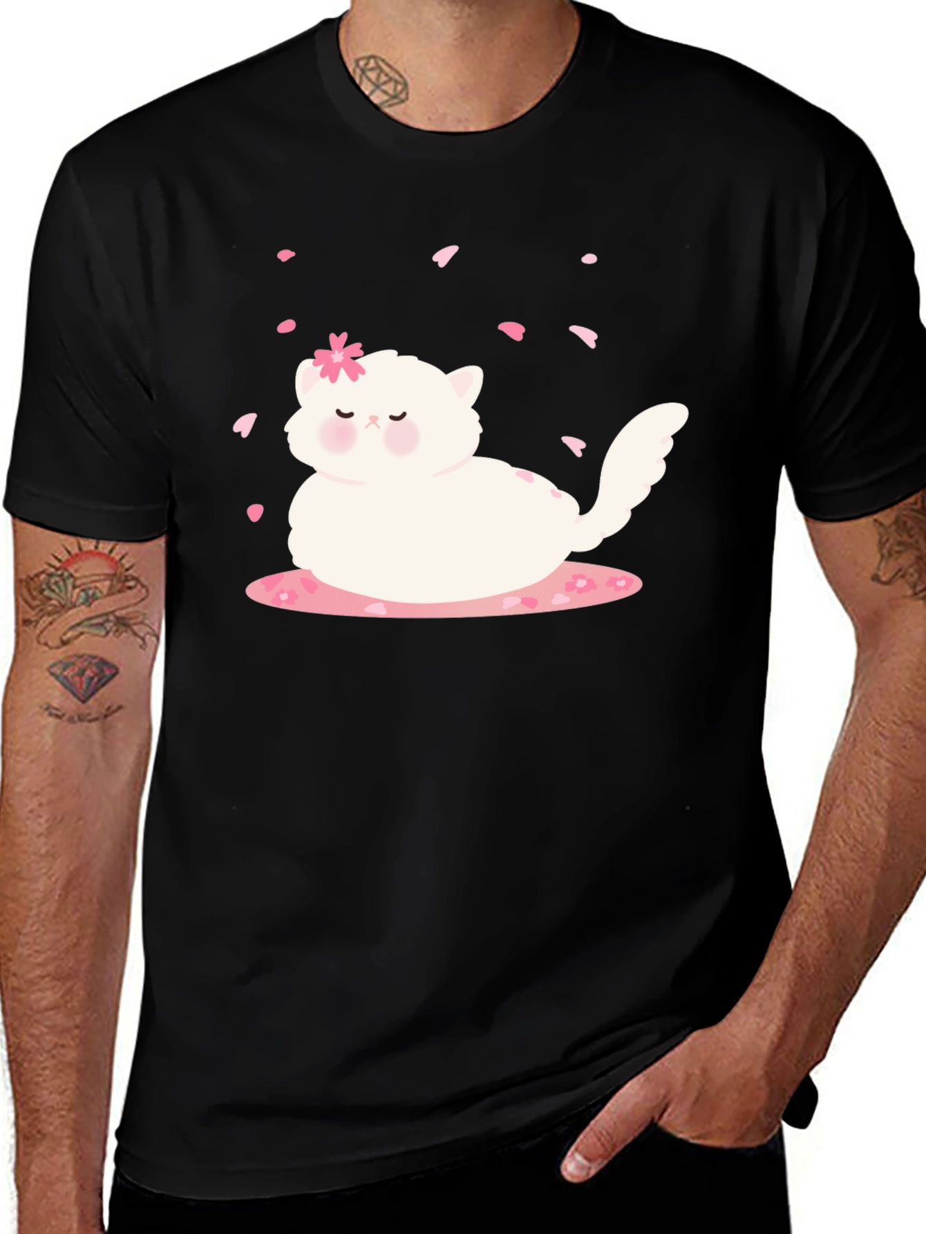 Cute Cat & Cherry Blossom Black T-Shirt