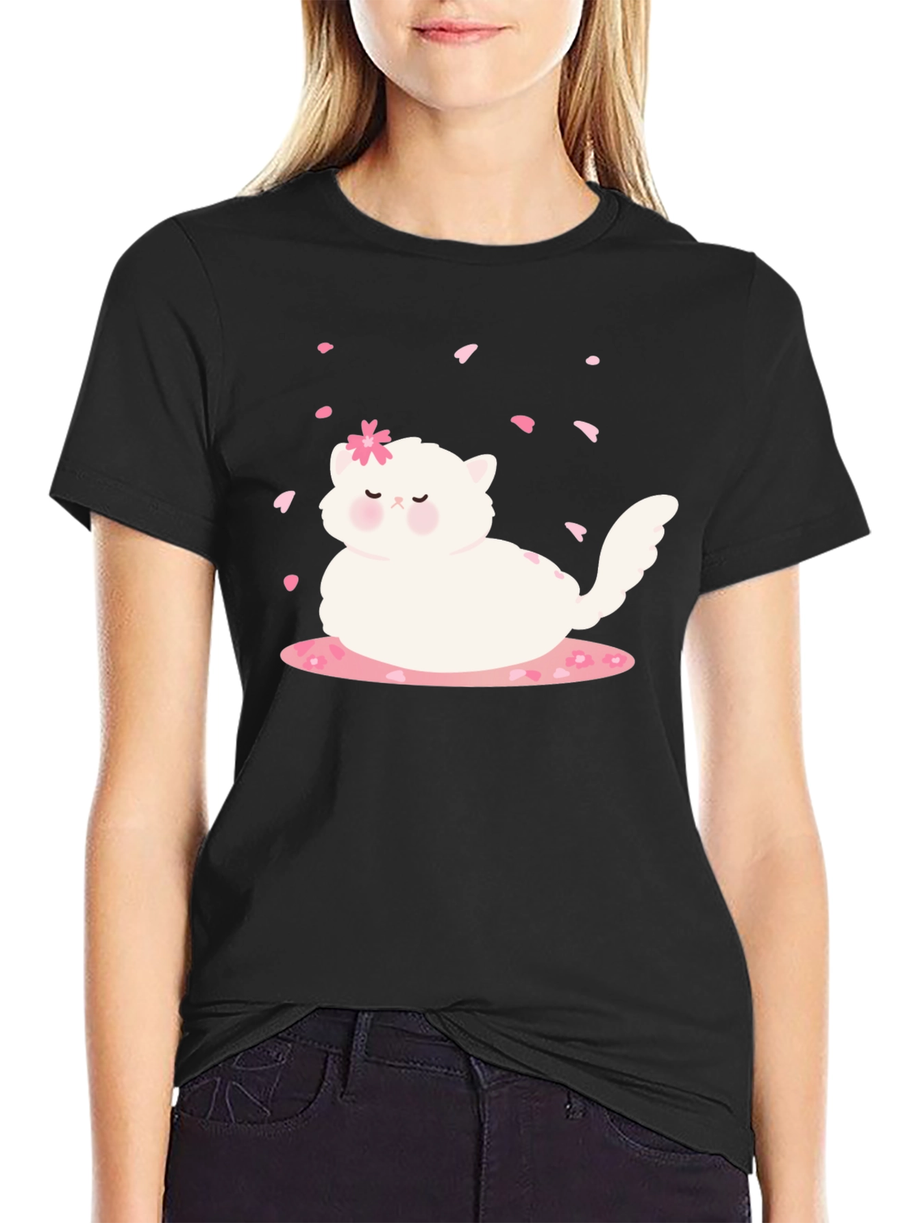 Cute Cat & Cherry Blossom Black T-Shirt