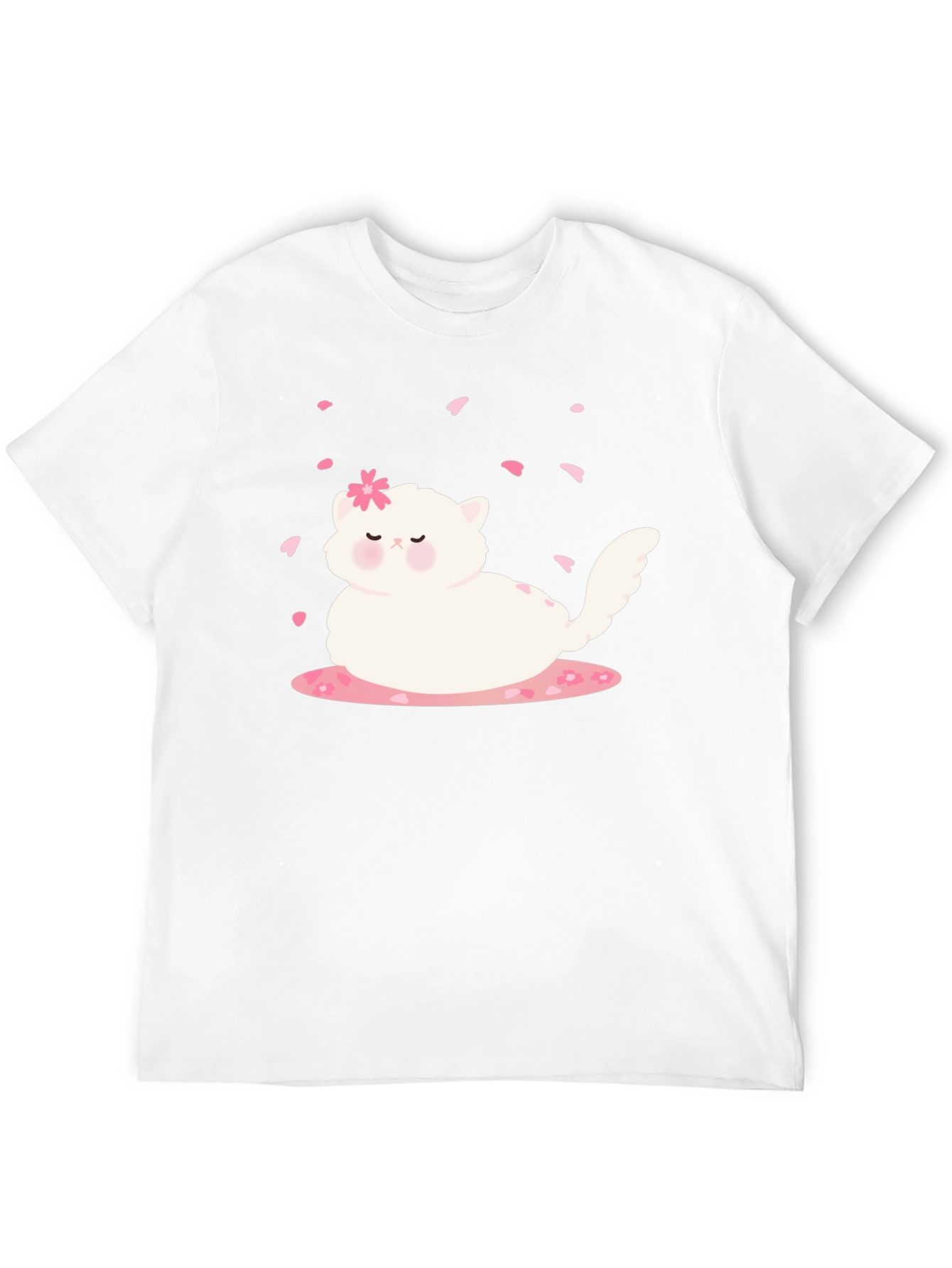 Cute Cat & Cherry Blossom Black T-Shirt