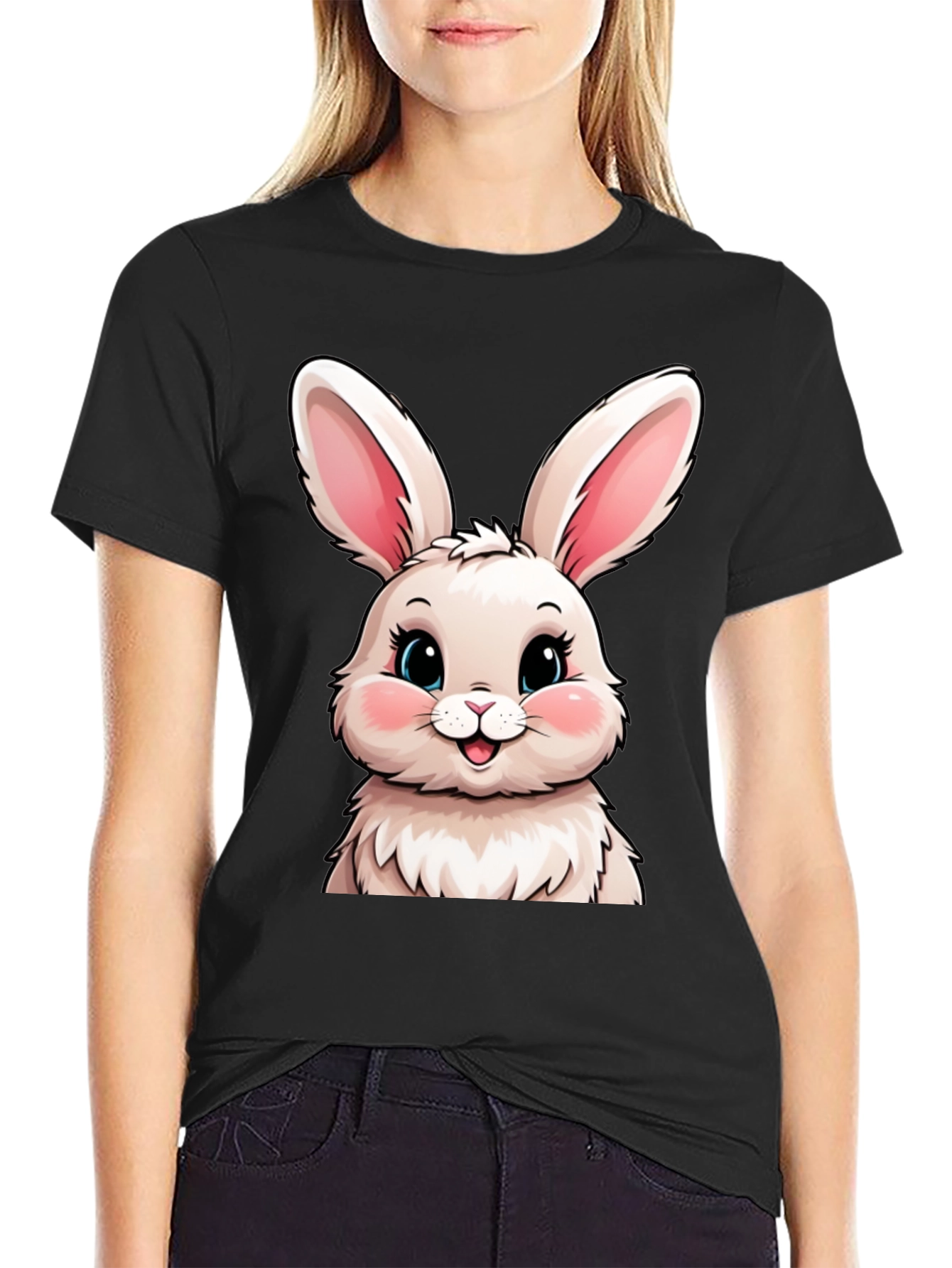Cute Bunny Graphic Tee - Soft Black Cotton