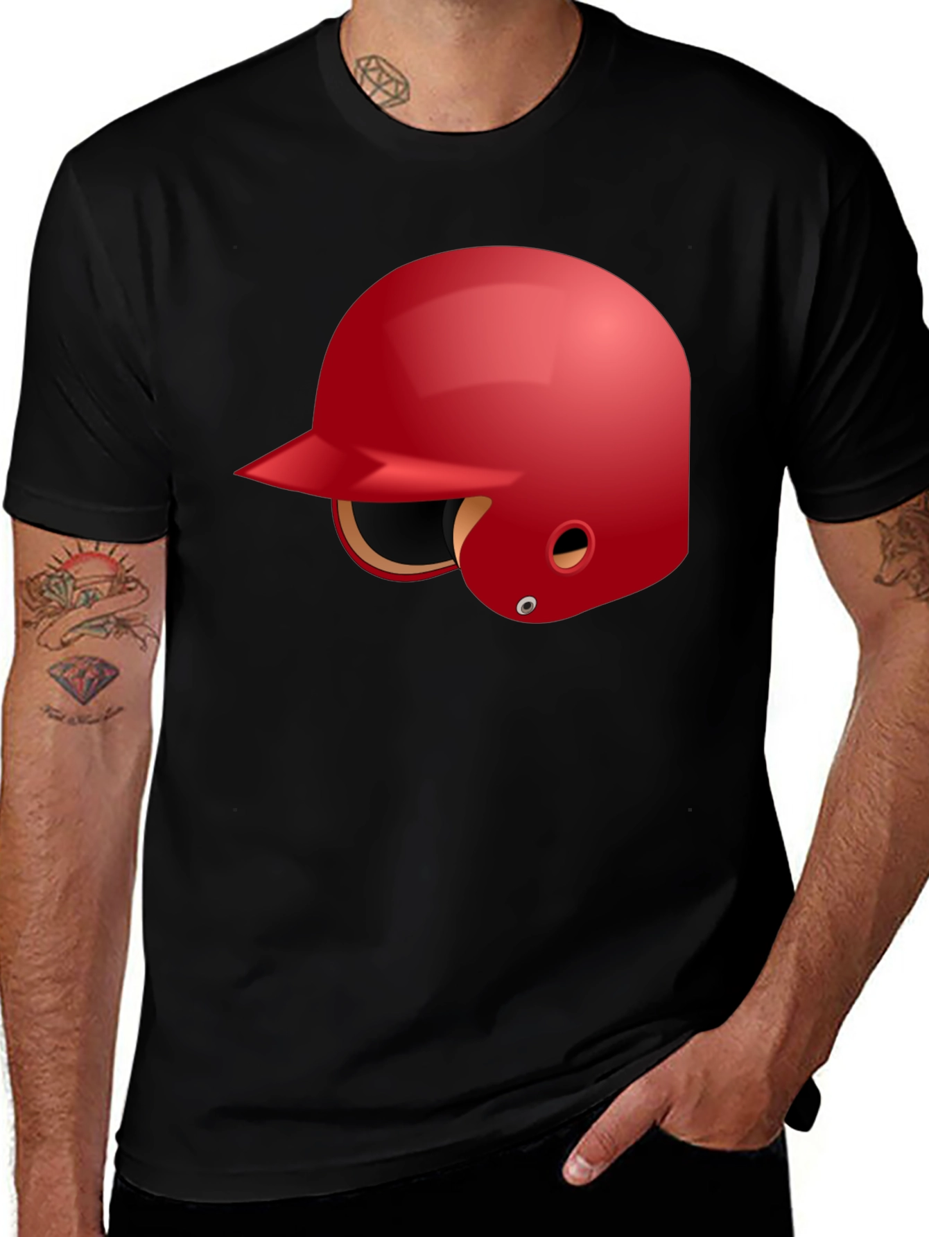 Baseball Helmet Graphic Tee - Black Cotton T-Shirt