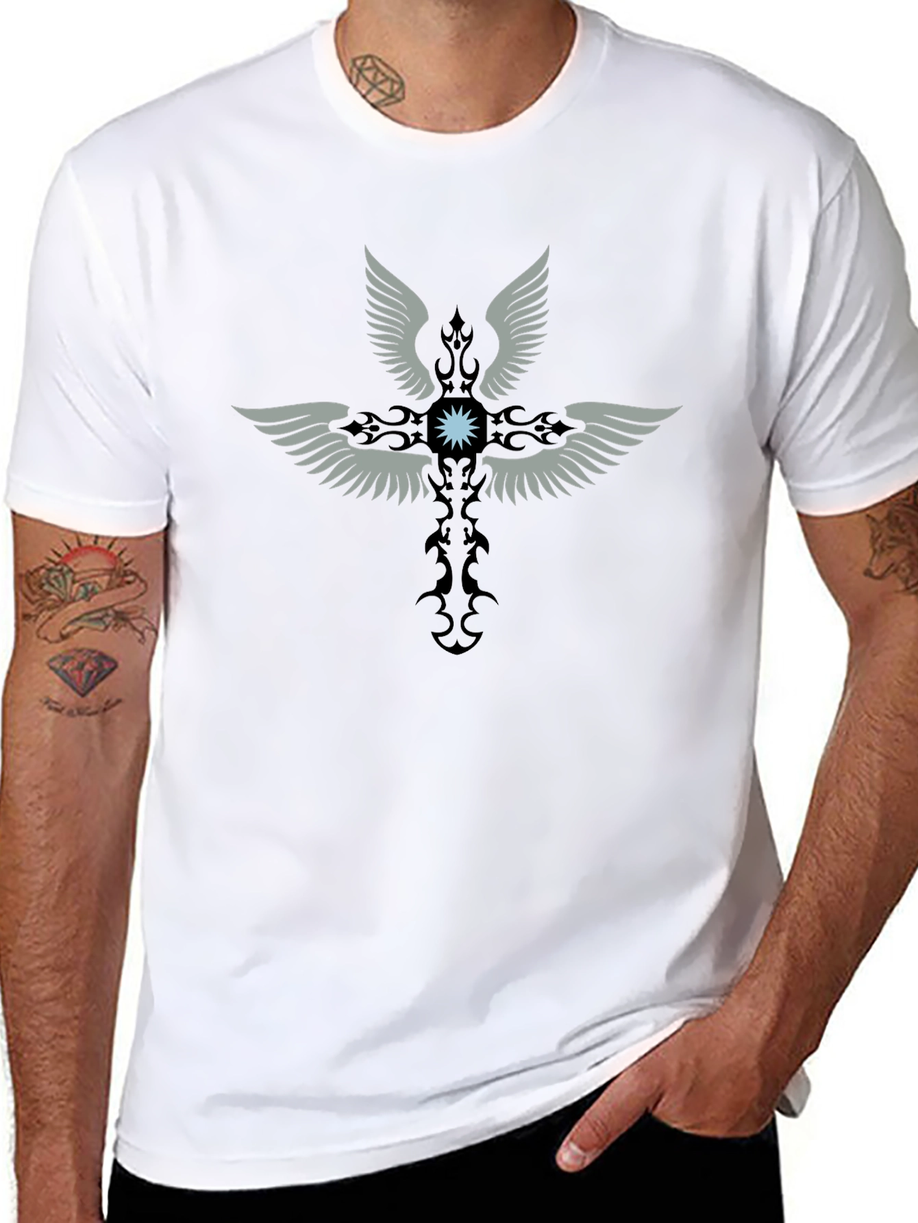 Winged Cross Graphic Print Black T-Shirt