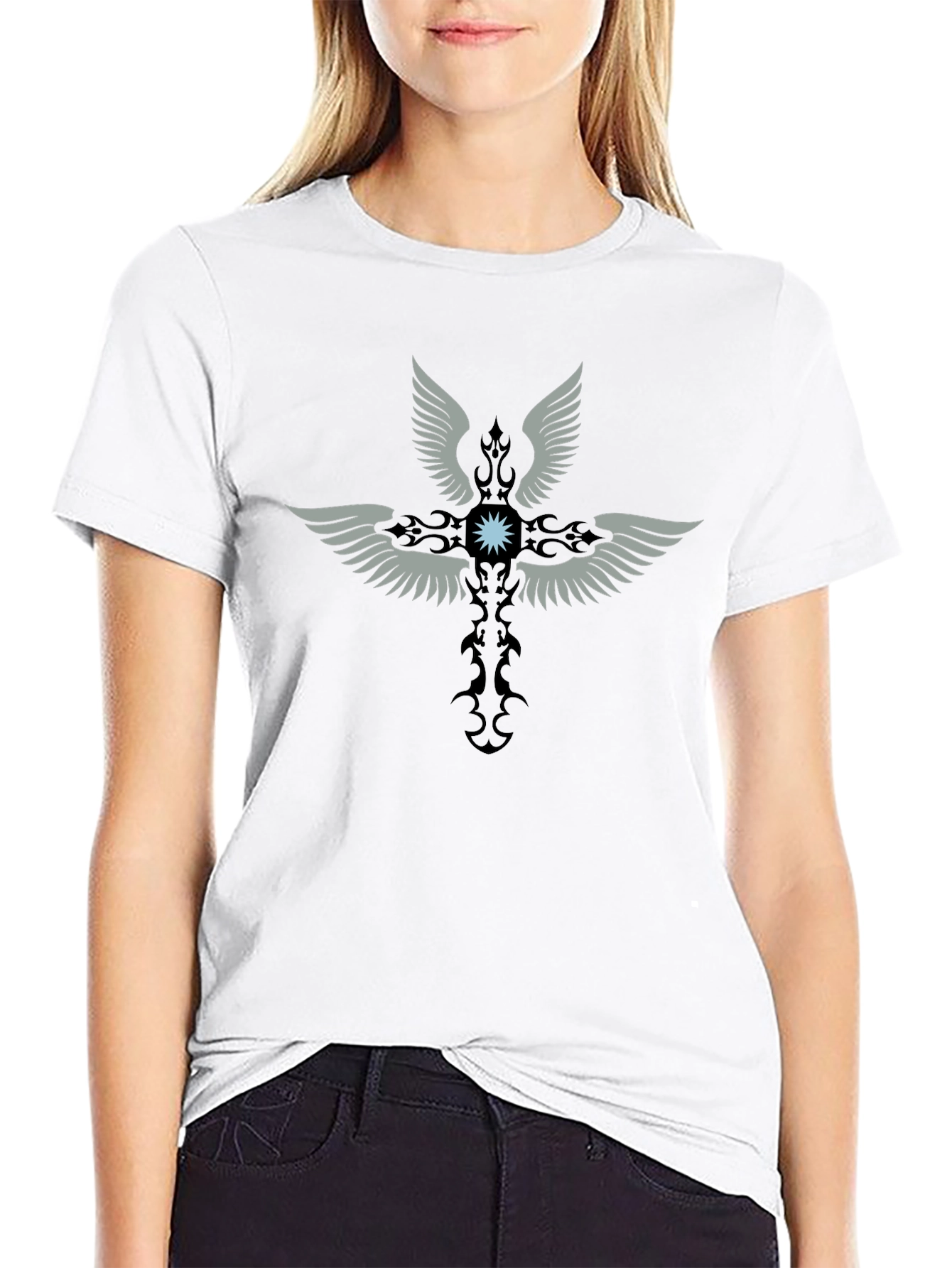 Winged Cross Graphic Print Black T-Shirt