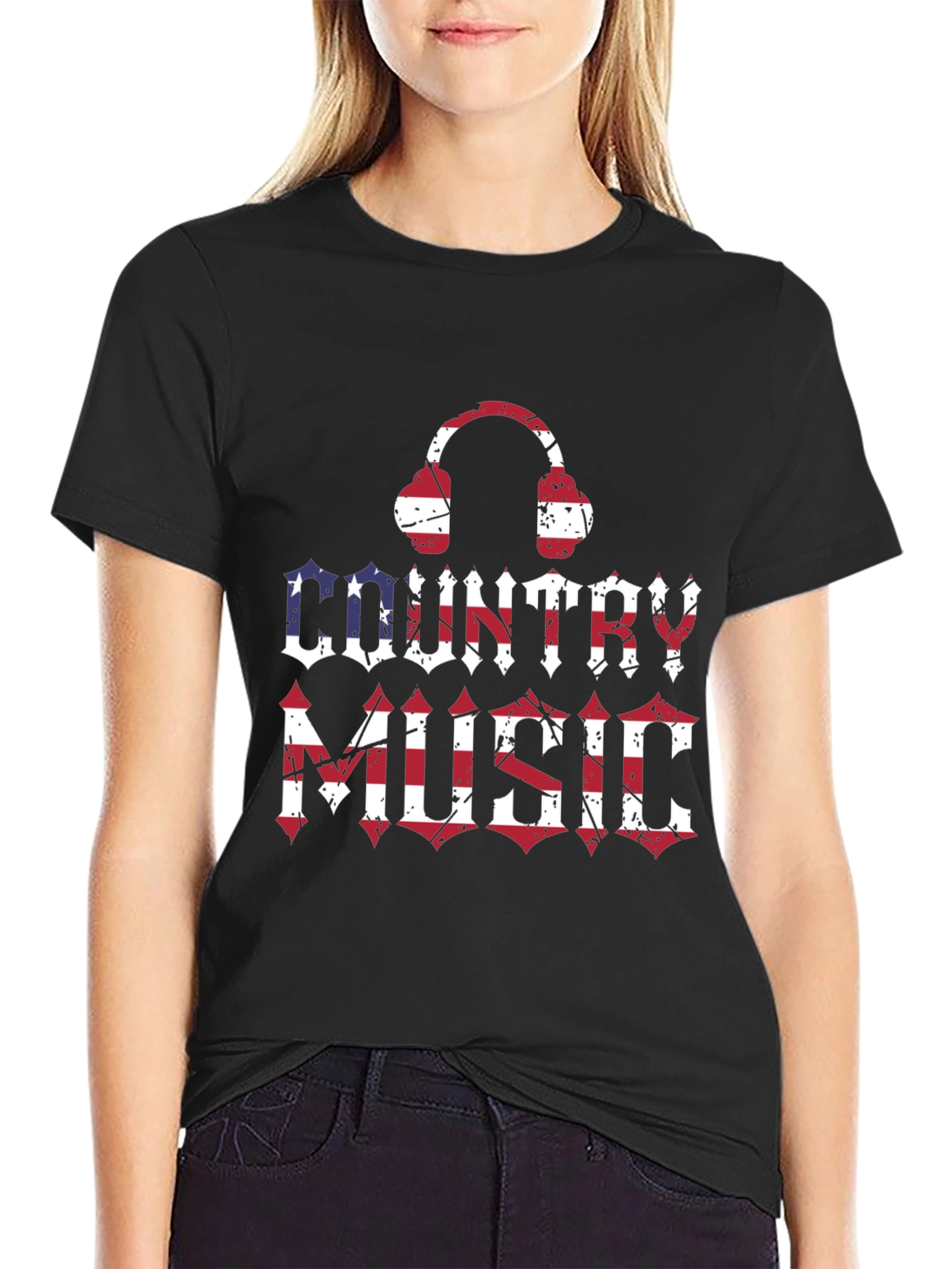 Country Music Headphones USA Flag Graphic T-Shirt