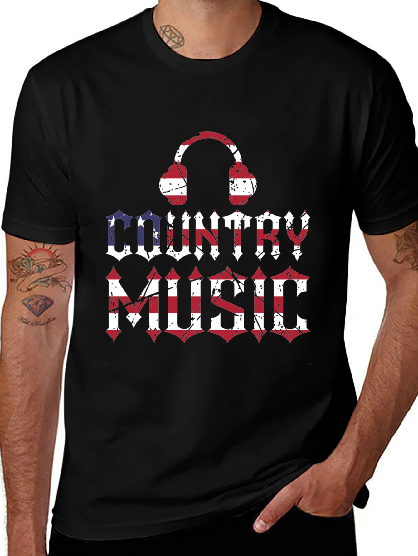 Country Music Headphones USA Flag Graphic T-Shirt