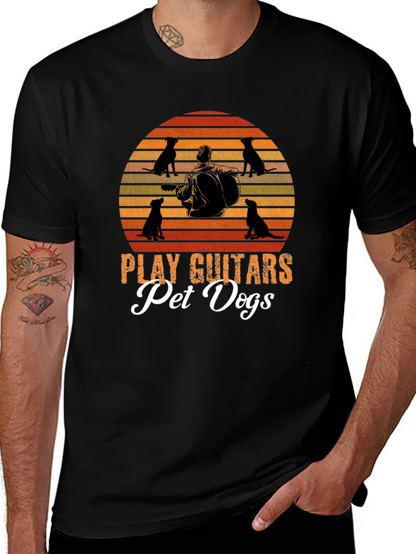 Play Guitars Pet Dogs T-Shirt Black Graphic Tee