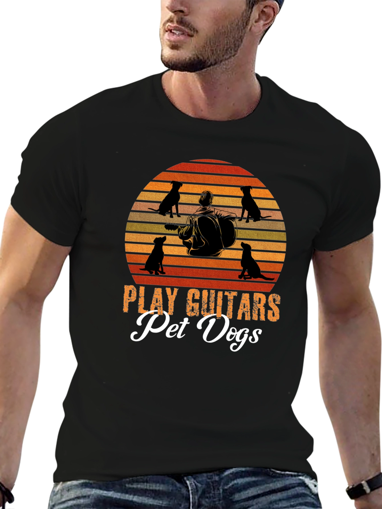 Play Guitars Pet Dogs T-Shirt Black Graphic Tee