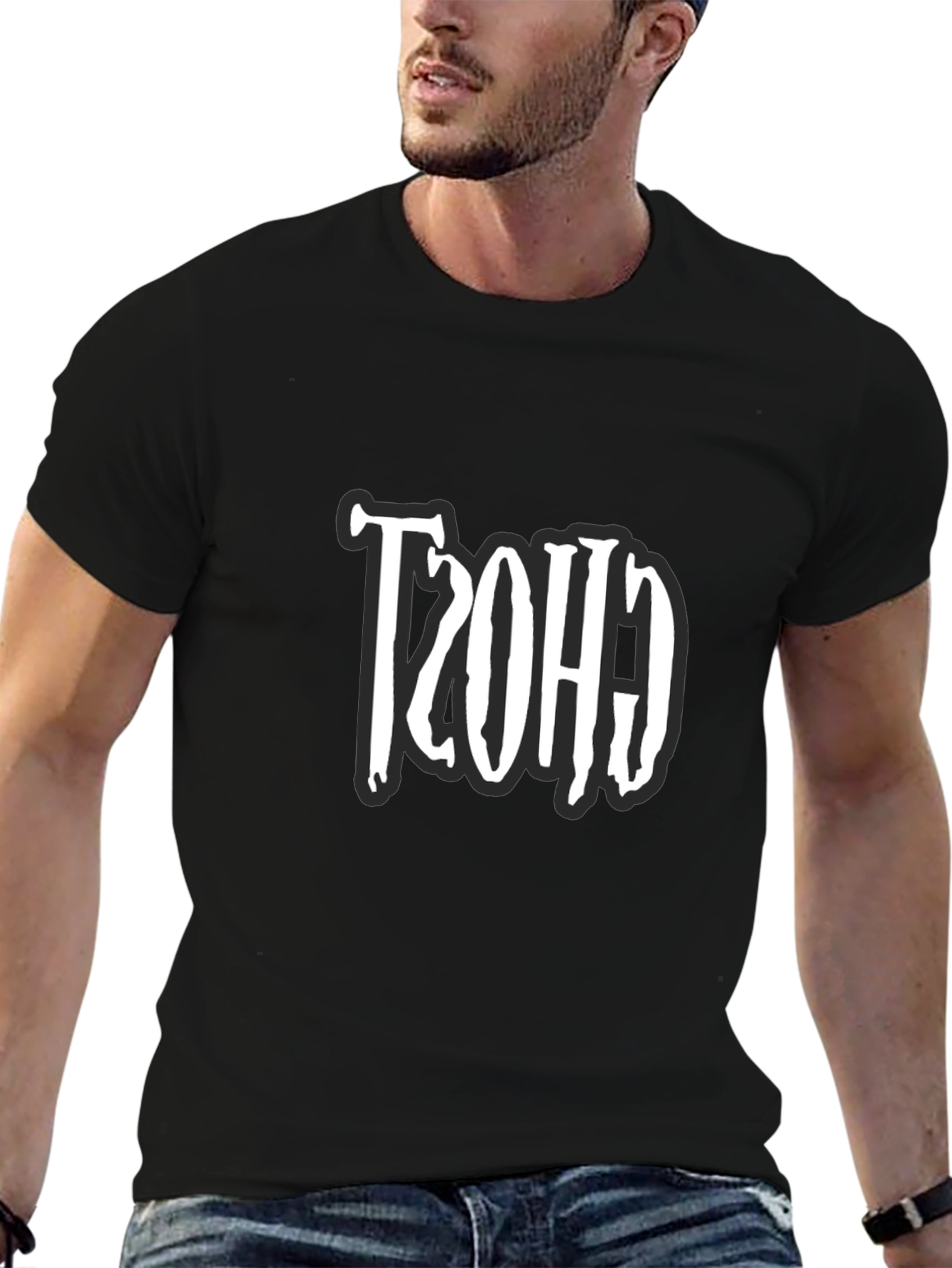 Retro Ghost Design Black T-Shirt