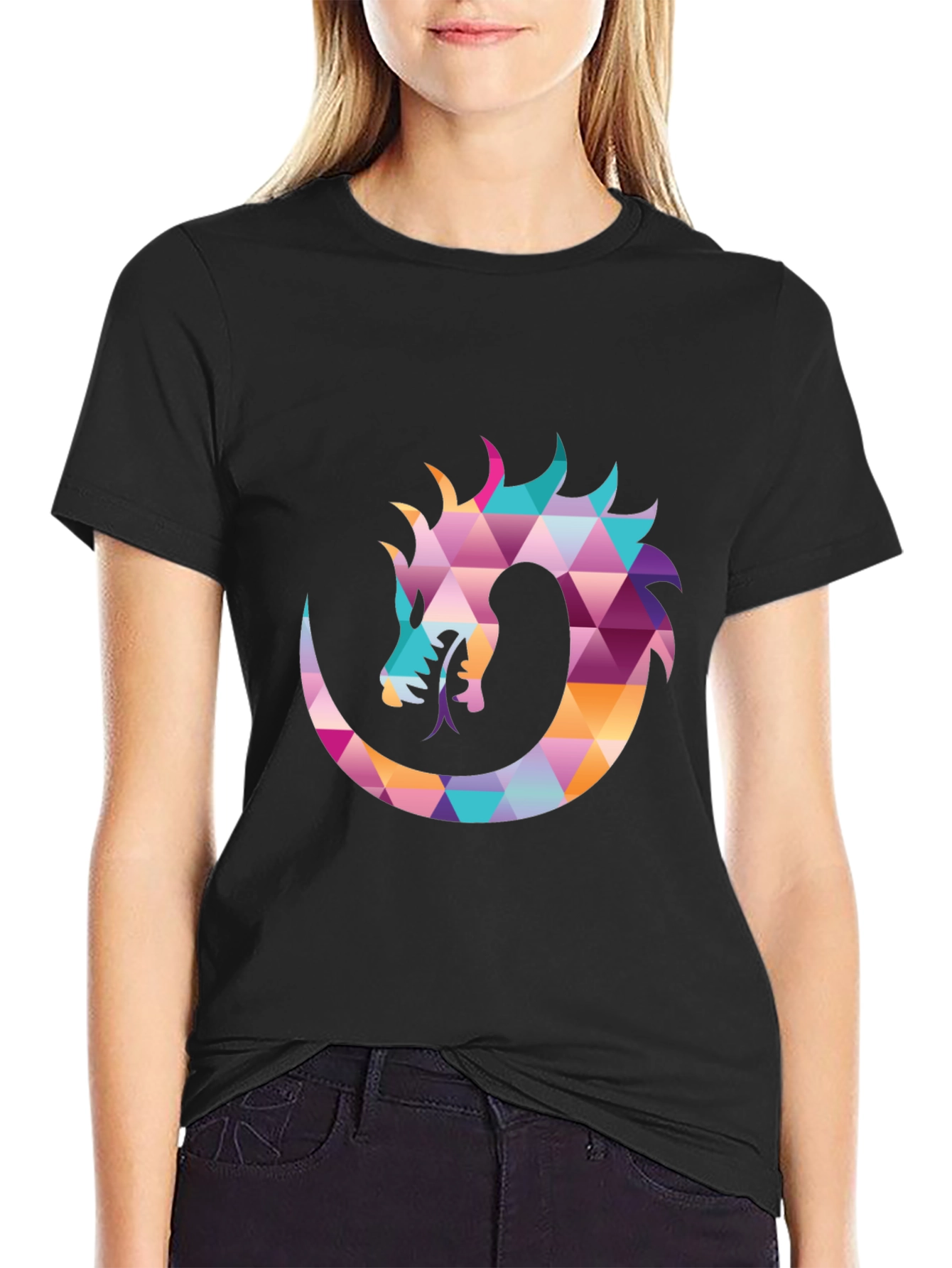 Geometric Dragon Print Black T-Shirt