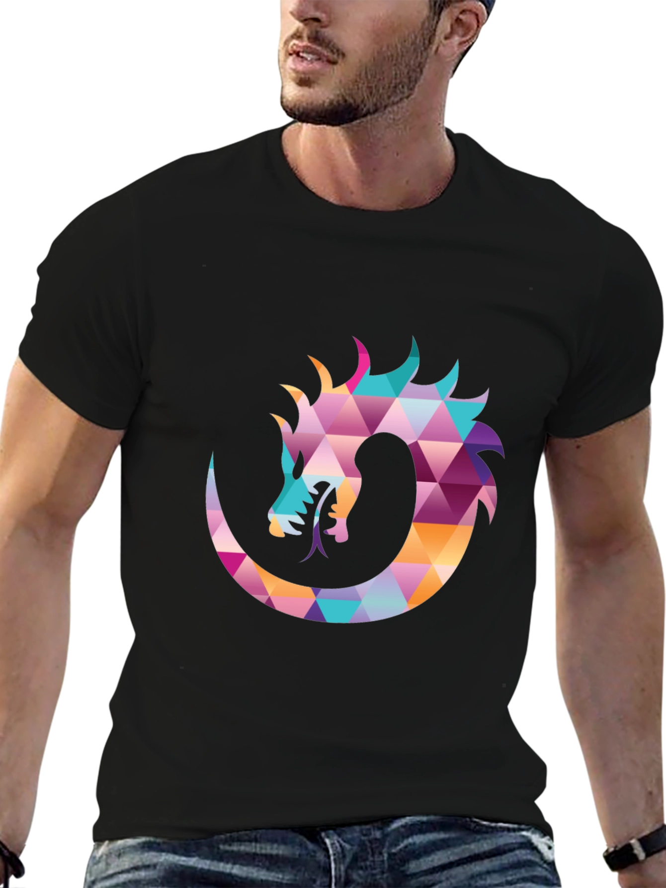 Geometric Dragon Print Black T-Shirt
