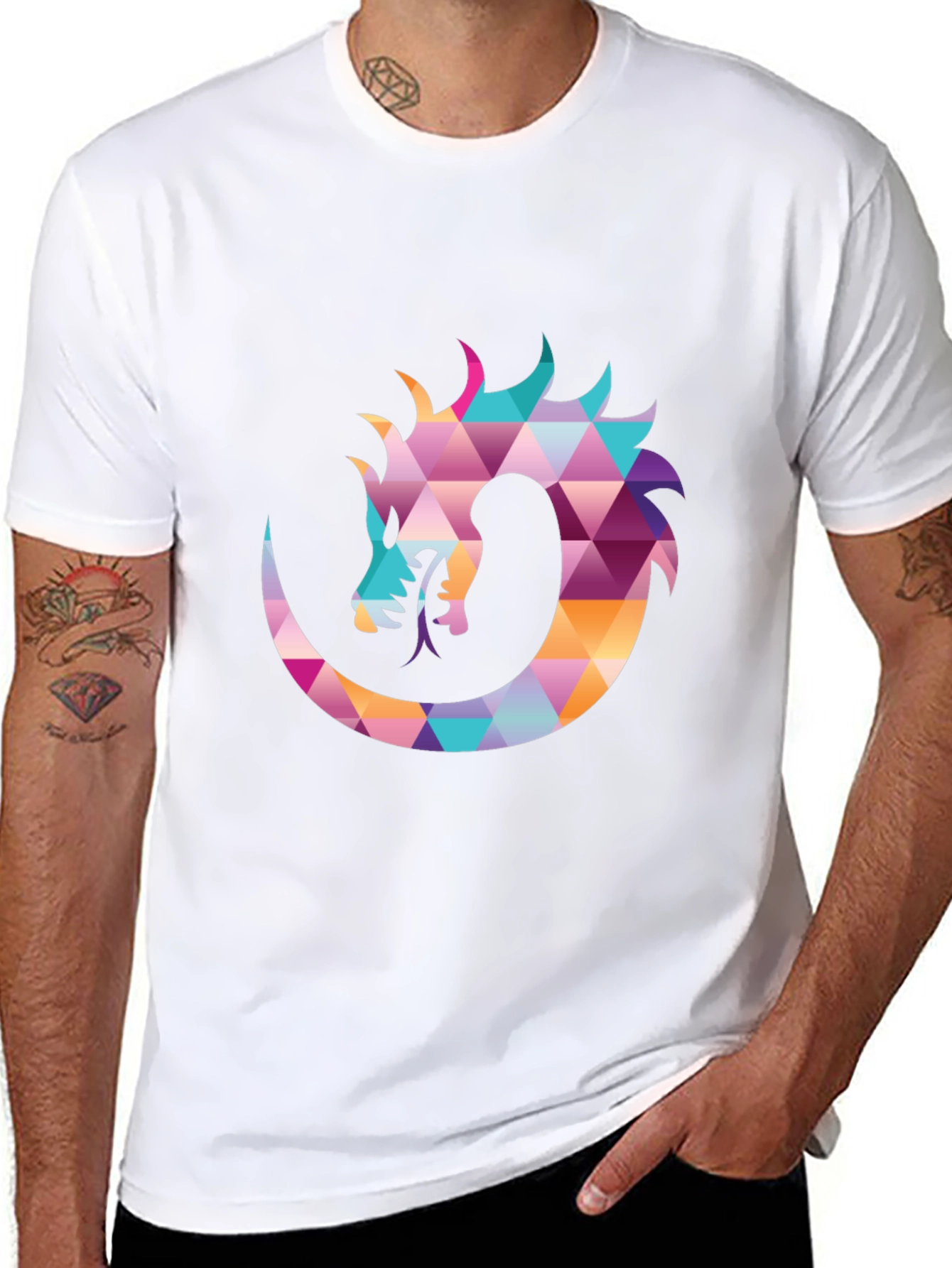 Geometric Dragon Print Black T-Shirt