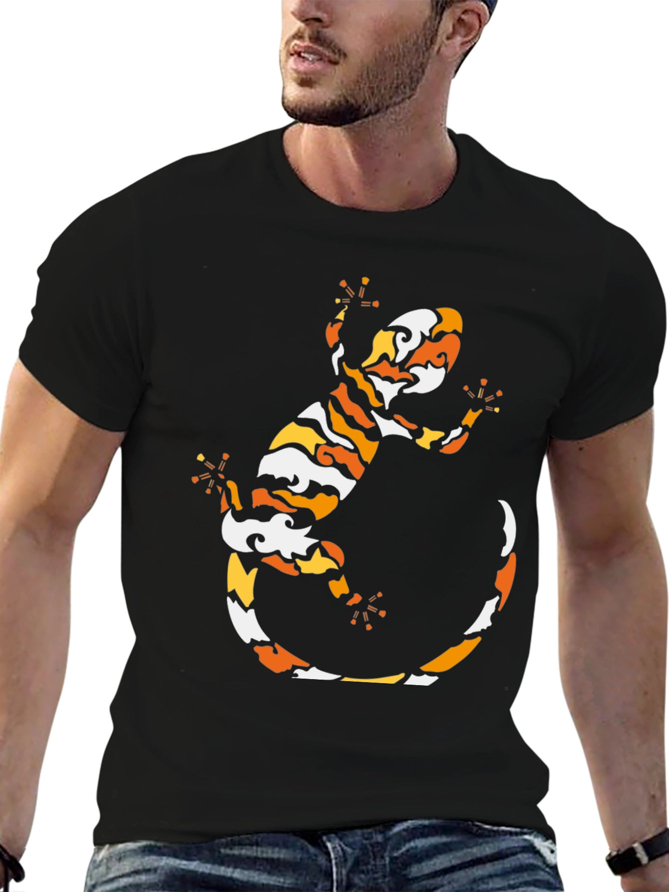 Cool Gecko Pattern Black T-Shirt