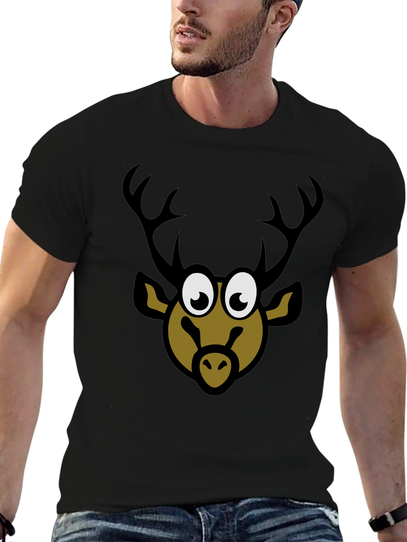 Cartoon Deer Graphic Tee - Black T-Shirt