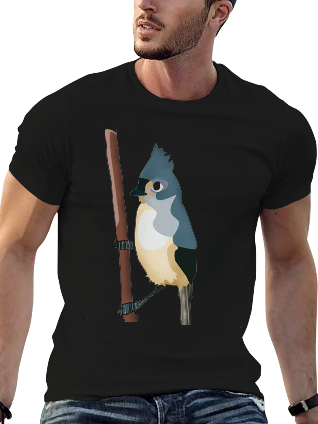 Blue Bird on Branch Black T-Shirt
