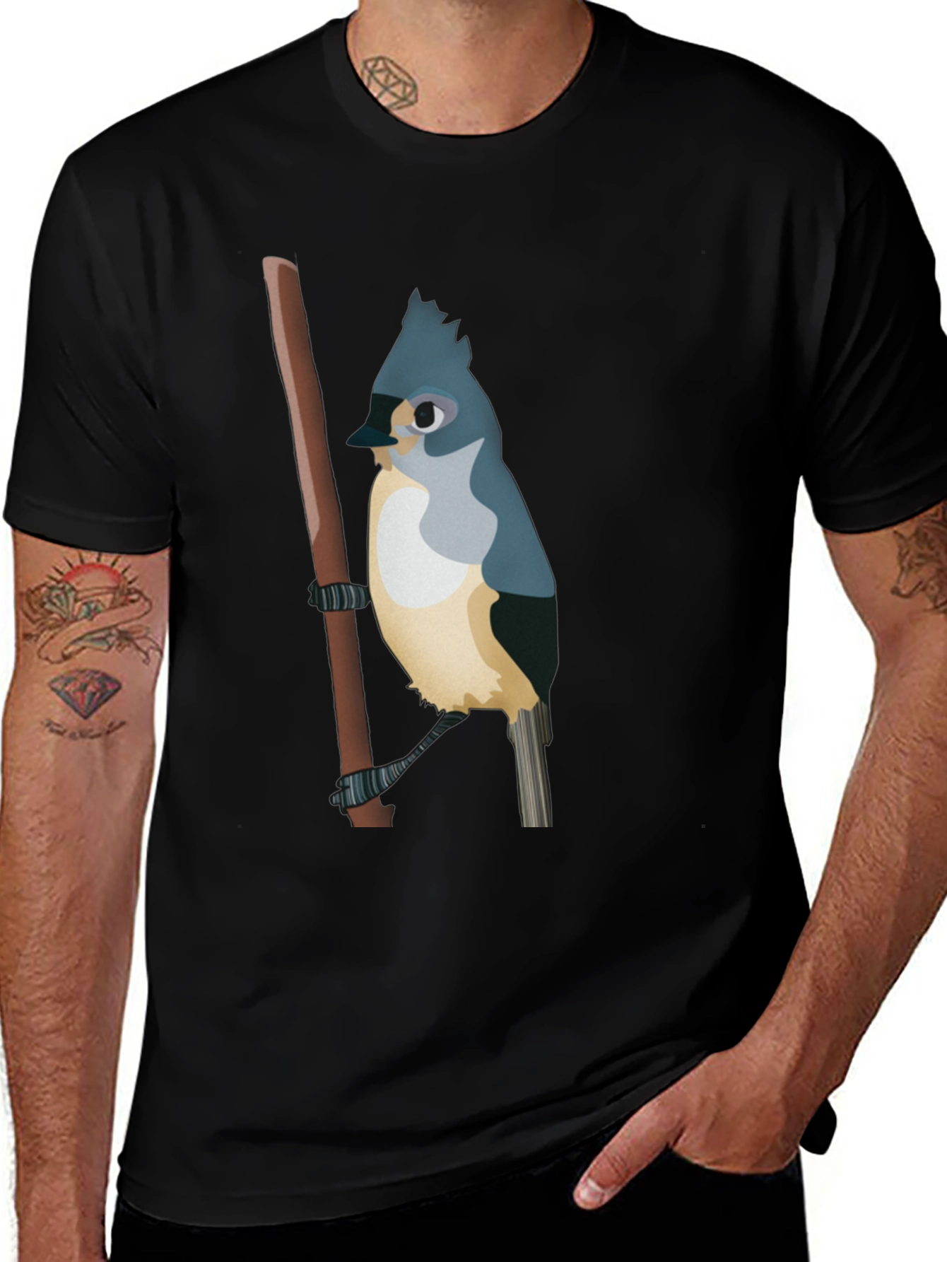 Blue Bird on Branch Black T-Shirt