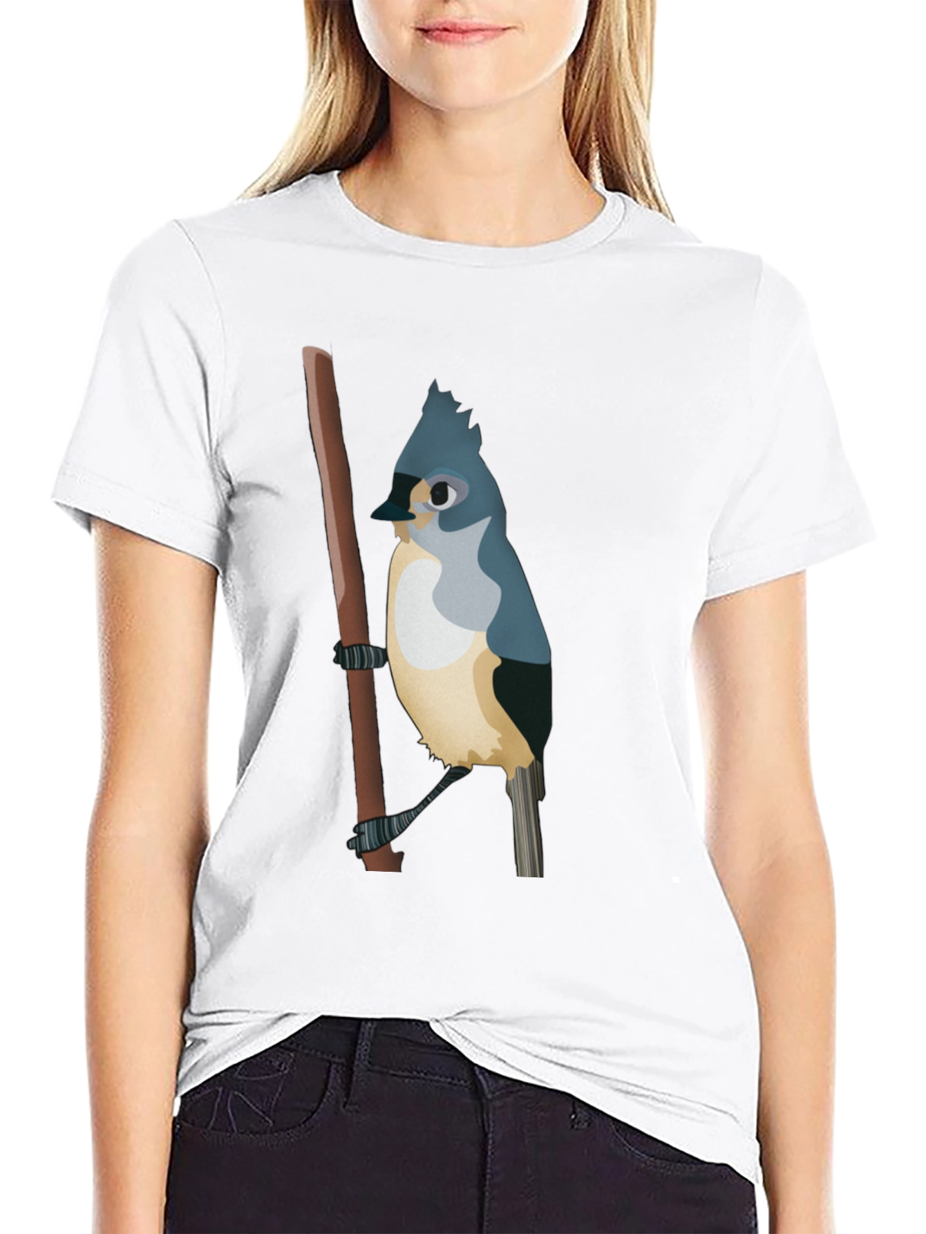 Blue Bird on Branch Black T-Shirt