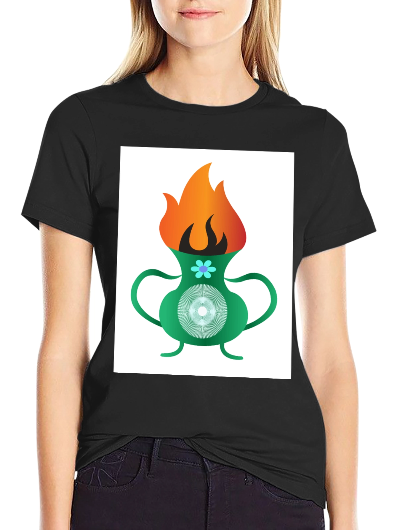 Flame Vase Graphic Tee - Black Cotton T-Shirt