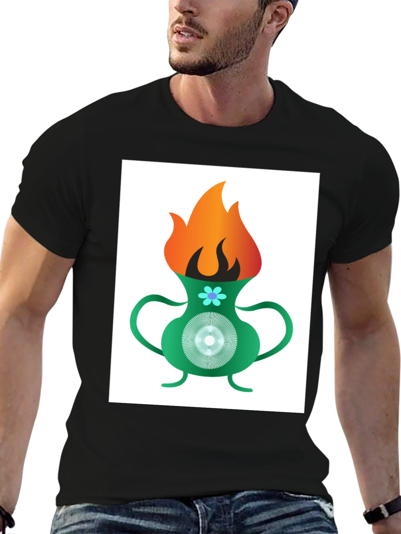 Flame Vase Graphic Tee - Black Cotton T-Shirt