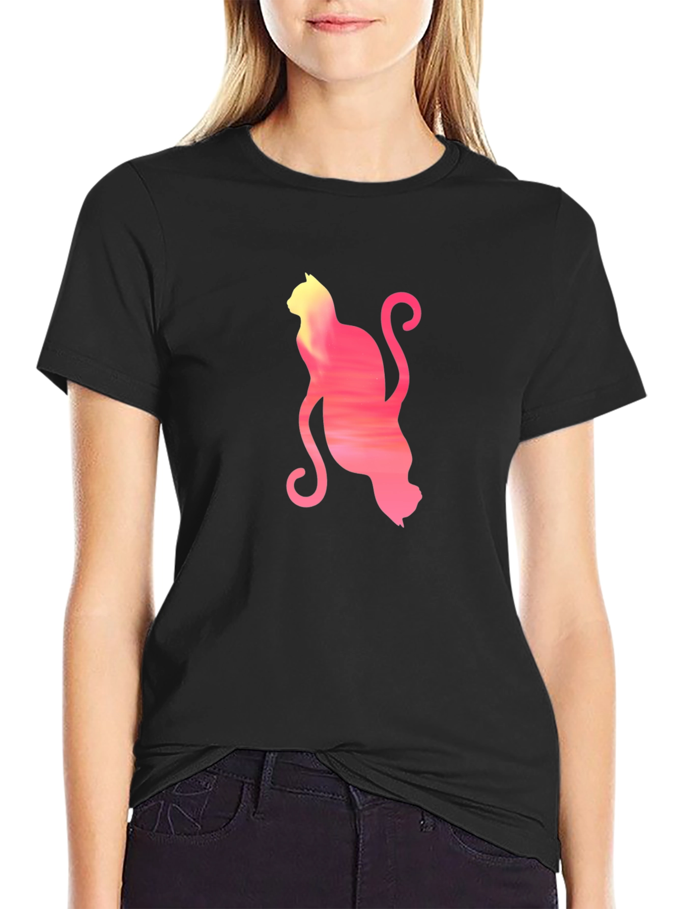 Sunset Cat Graphic Tee - Soft Black Cotton T-Shirt
