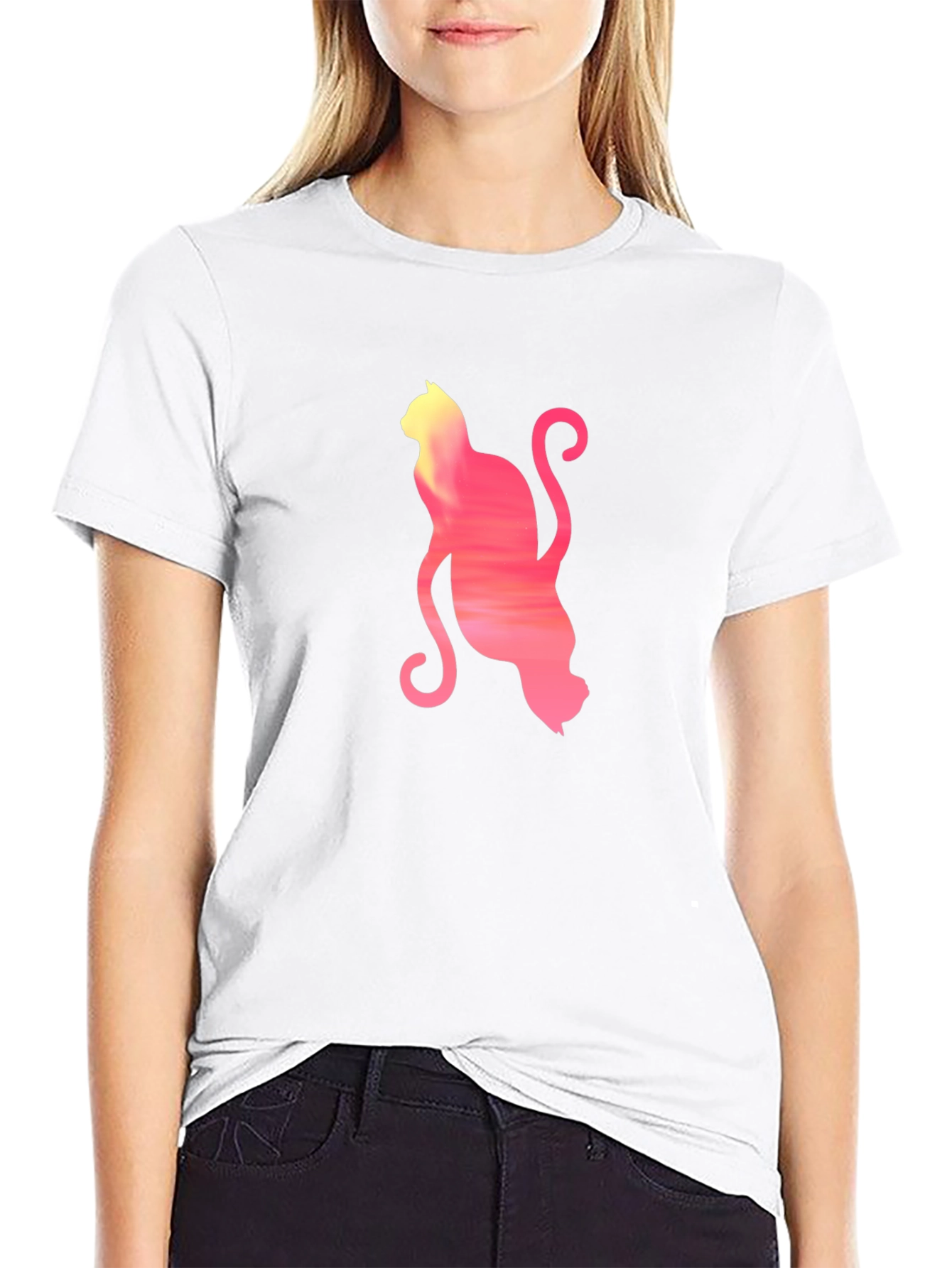 Sunset Cat Graphic Tee - Soft Black Cotton T-Shirt