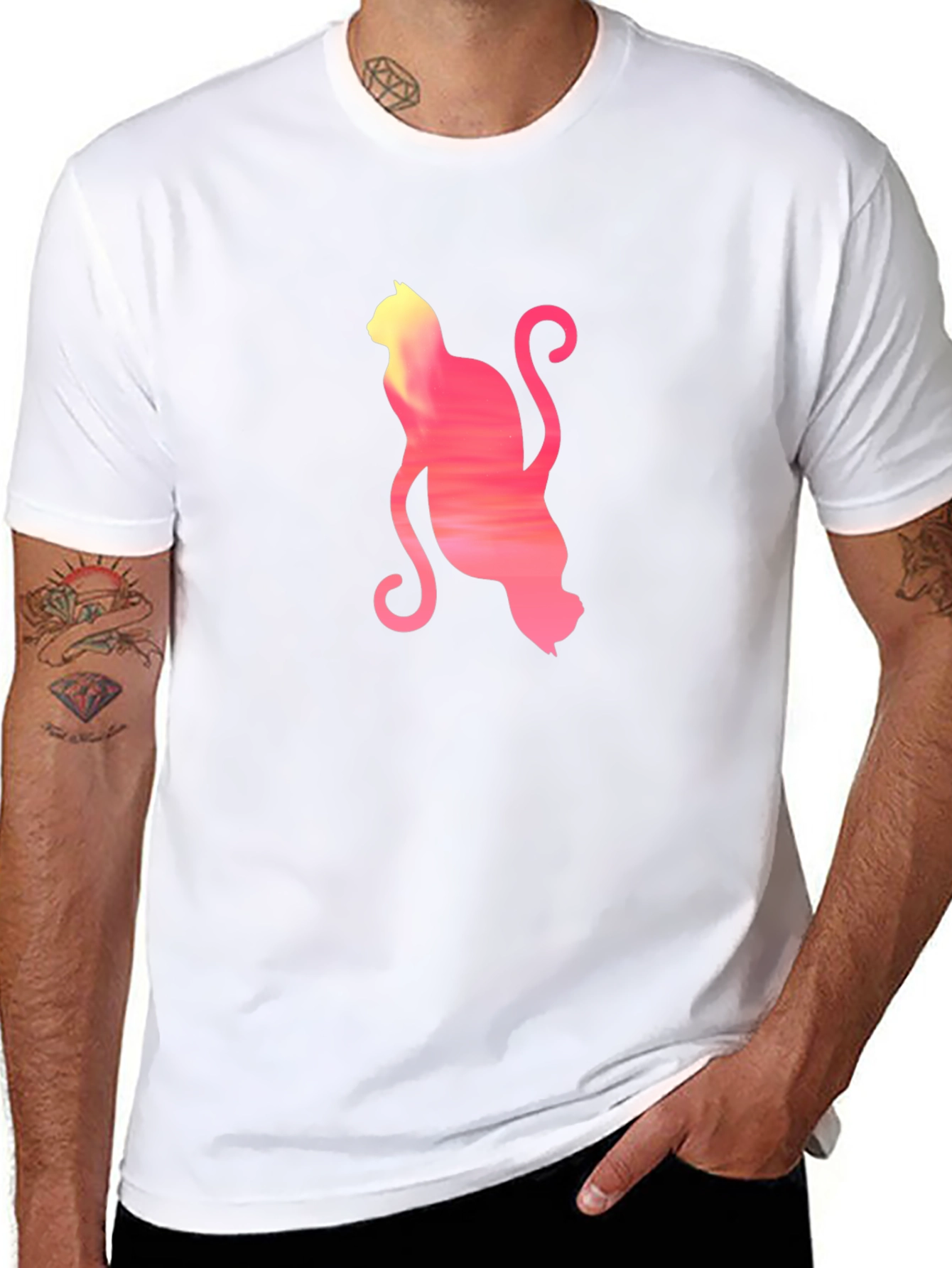 Sunset Cat Graphic Tee - Soft Black Cotton T-Shirt