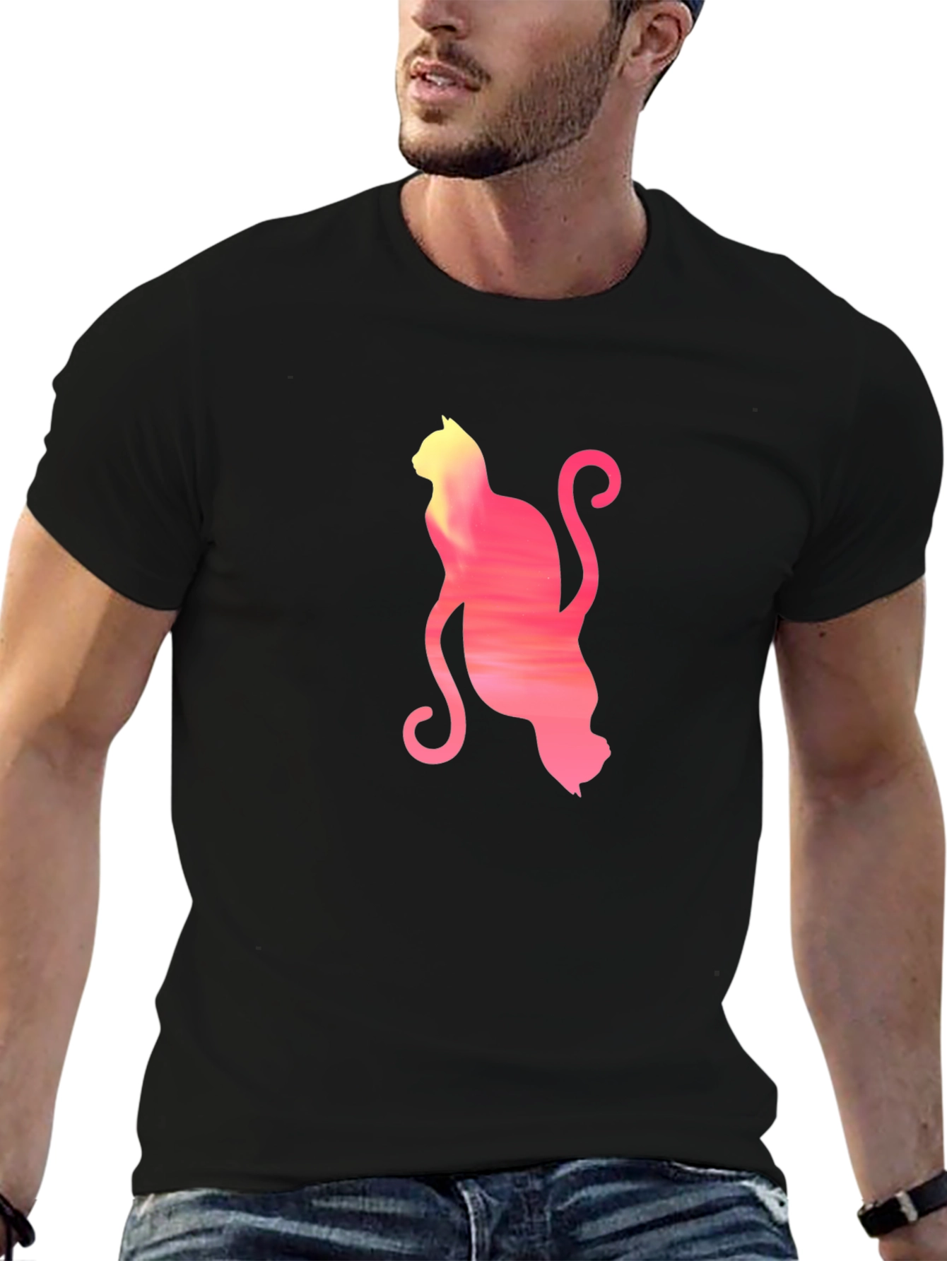 Sunset Cat Graphic Tee - Soft Black Cotton T-Shirt