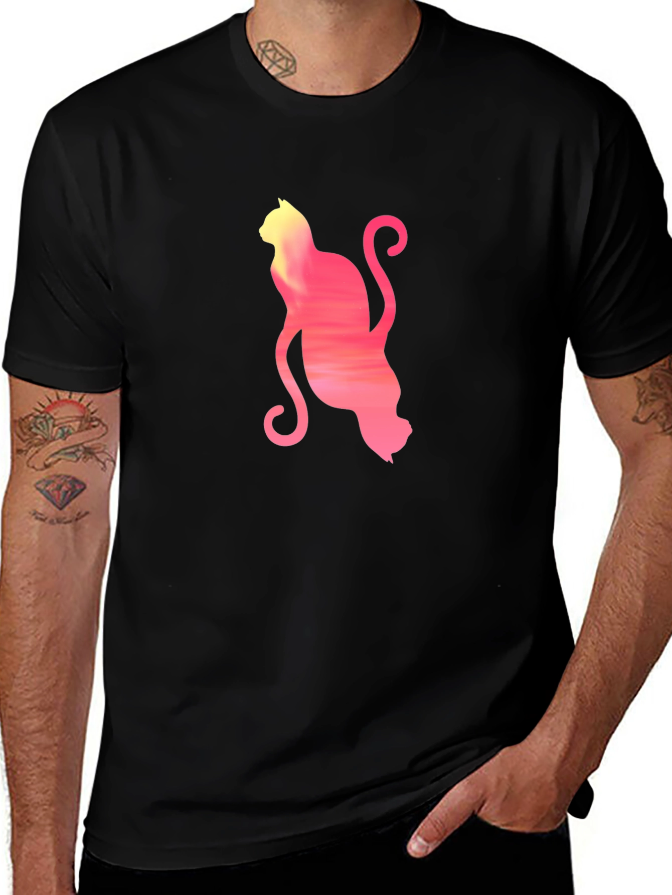 Sunset Cat Graphic Tee - Soft Black Cotton T-Shirt