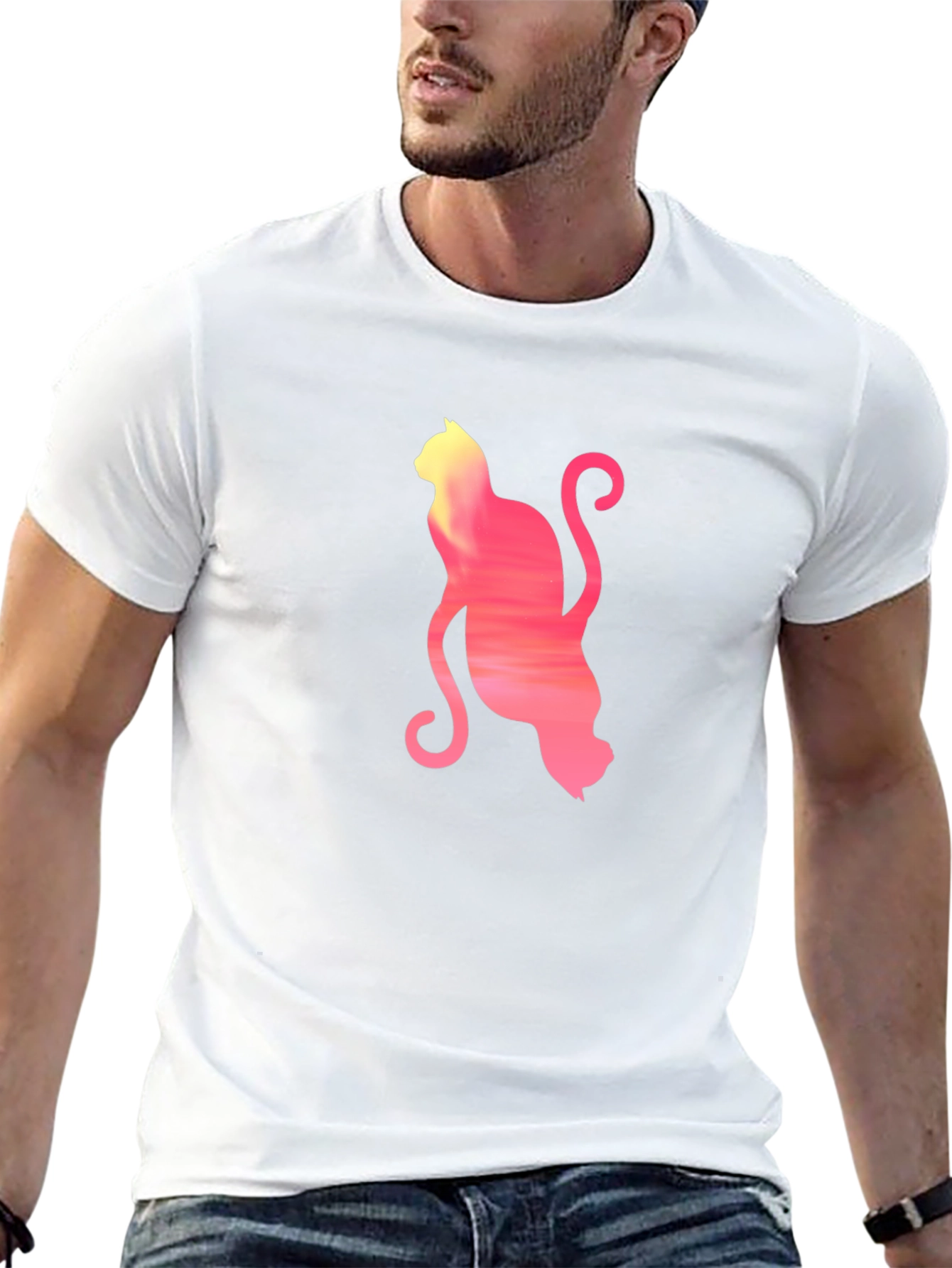 Sunset Cat Graphic Tee - Soft Black Cotton T-Shirt
